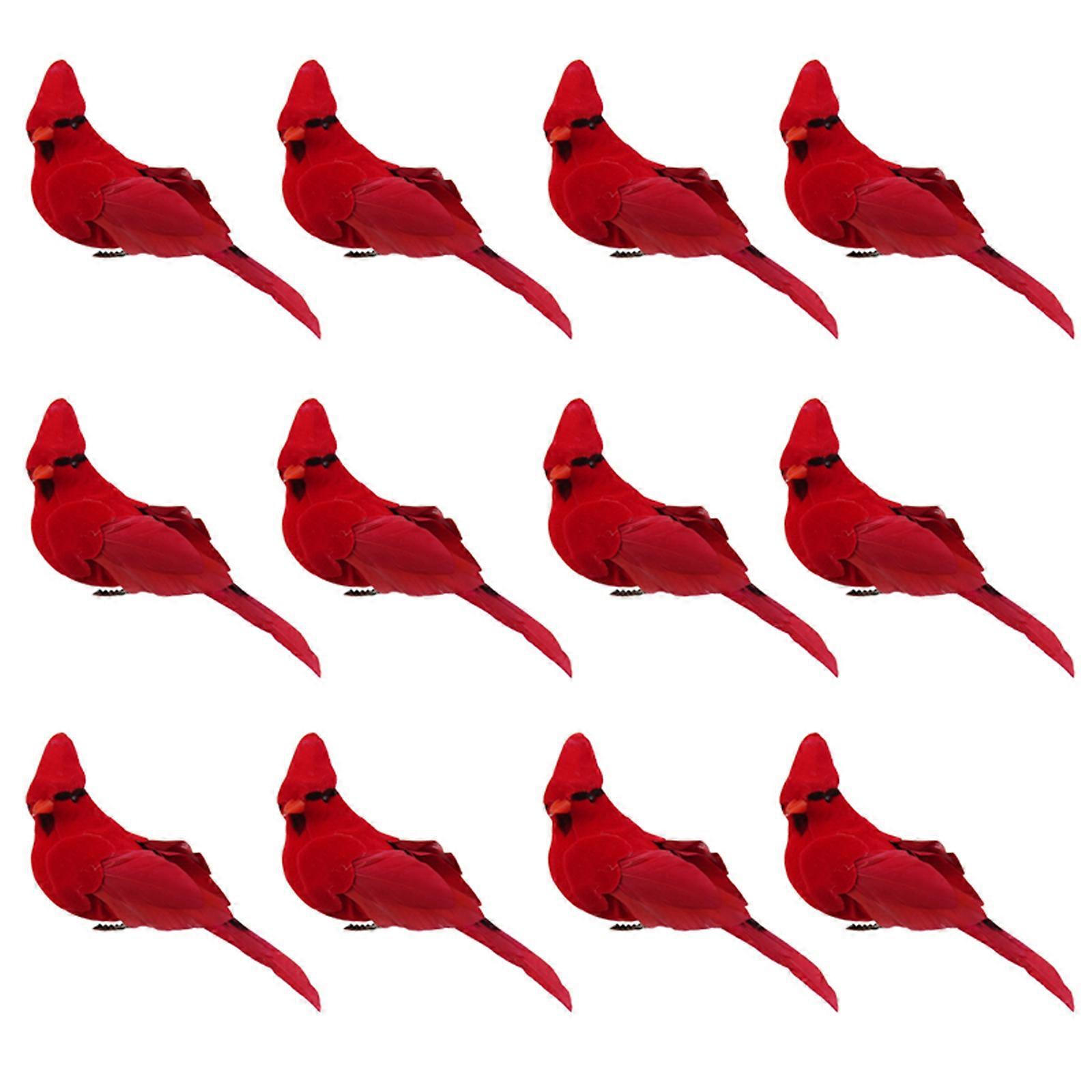 12pcs Artificial Red Cardinals Clip On Xmas Tree Feathered Bird Decor