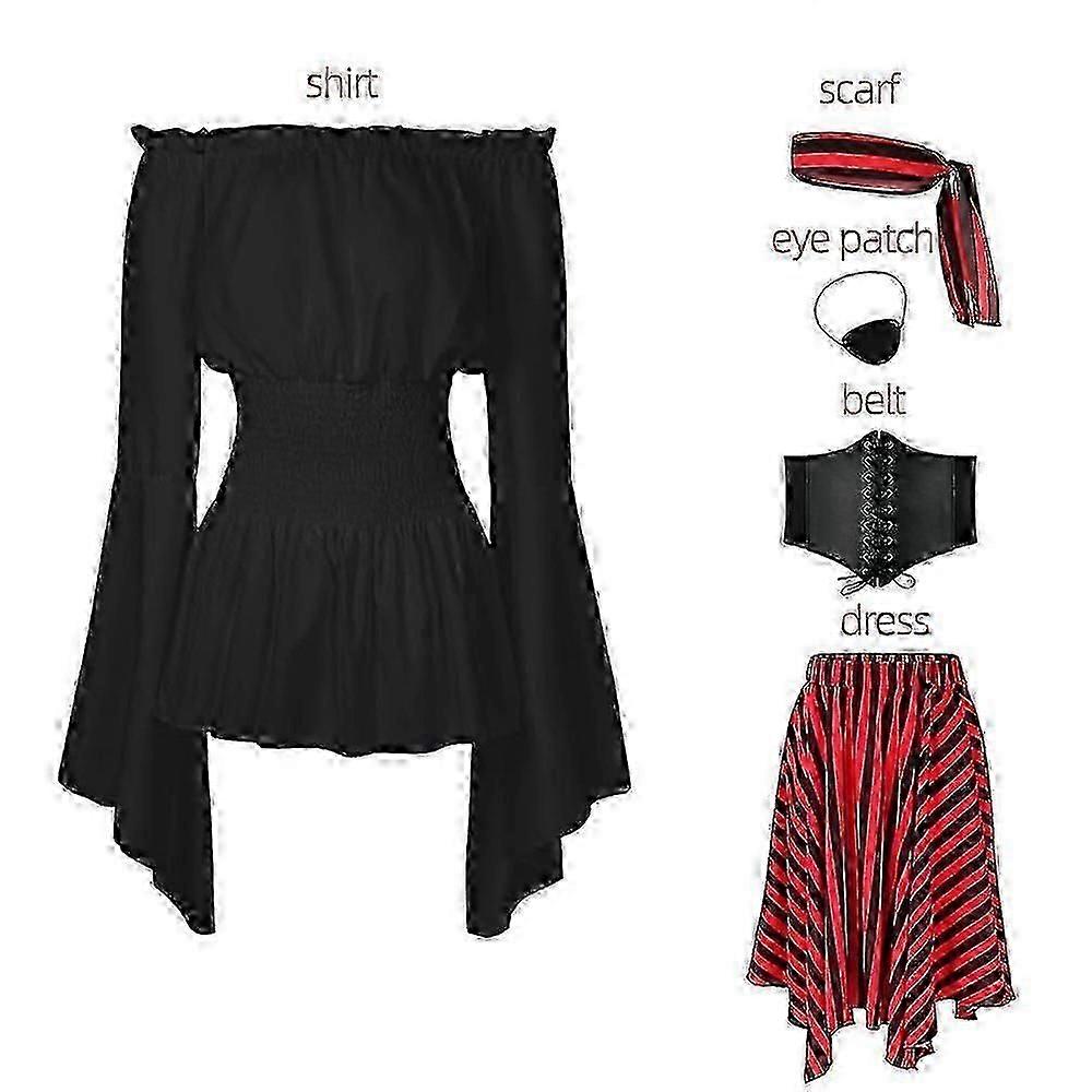 نسائي زي القراصنة تأثيري عصر النهضة بلوزة قمم مشد حزام الخصر تنورة القراصنة Stipes الحجاب هالوين فستان يتوهم