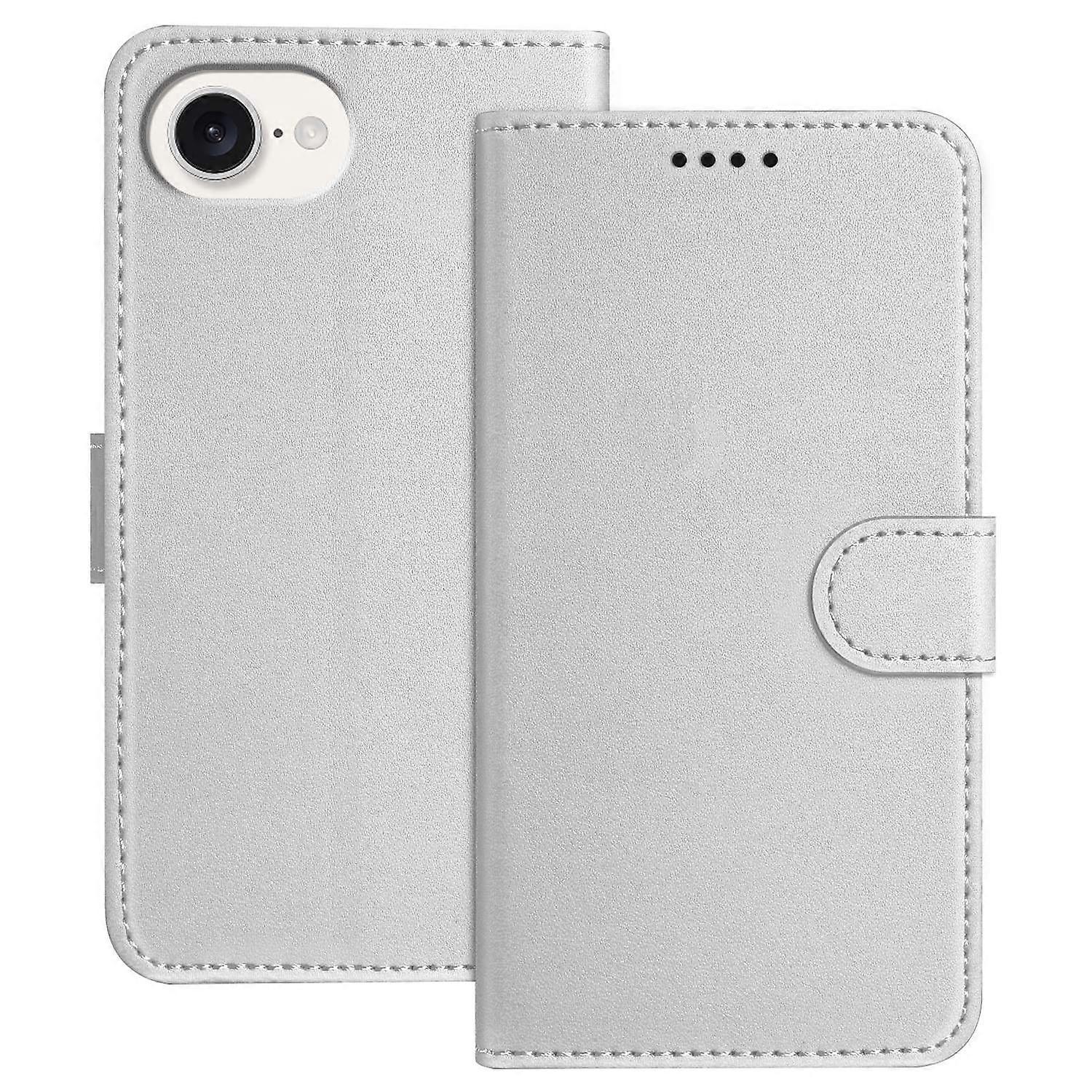 For iPhone 16e Leather Case Wallet Stand Solid Color Anti Drop Phone Cover-Silver