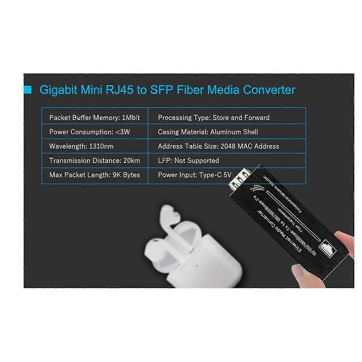 Mini Gigabit Fiber Media Converter 1000Mbps Ethernet with 1310nm Single Mode 20km SFP Module and Typ