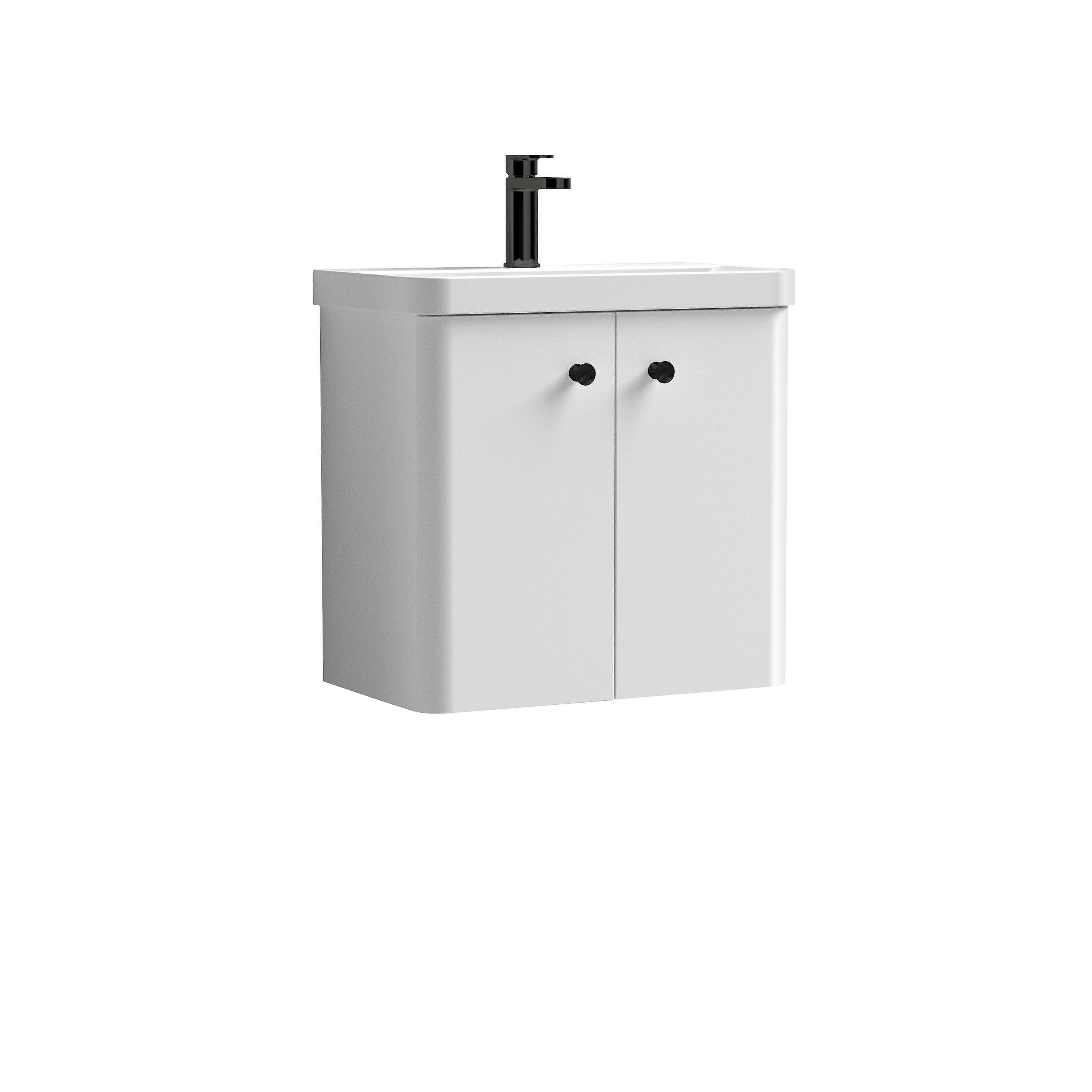 Curve Wall Hung 2 Door Vanity Basin Unit - 600mm - Gloss White with Black Round Handles (Tap Not Included) Faucet