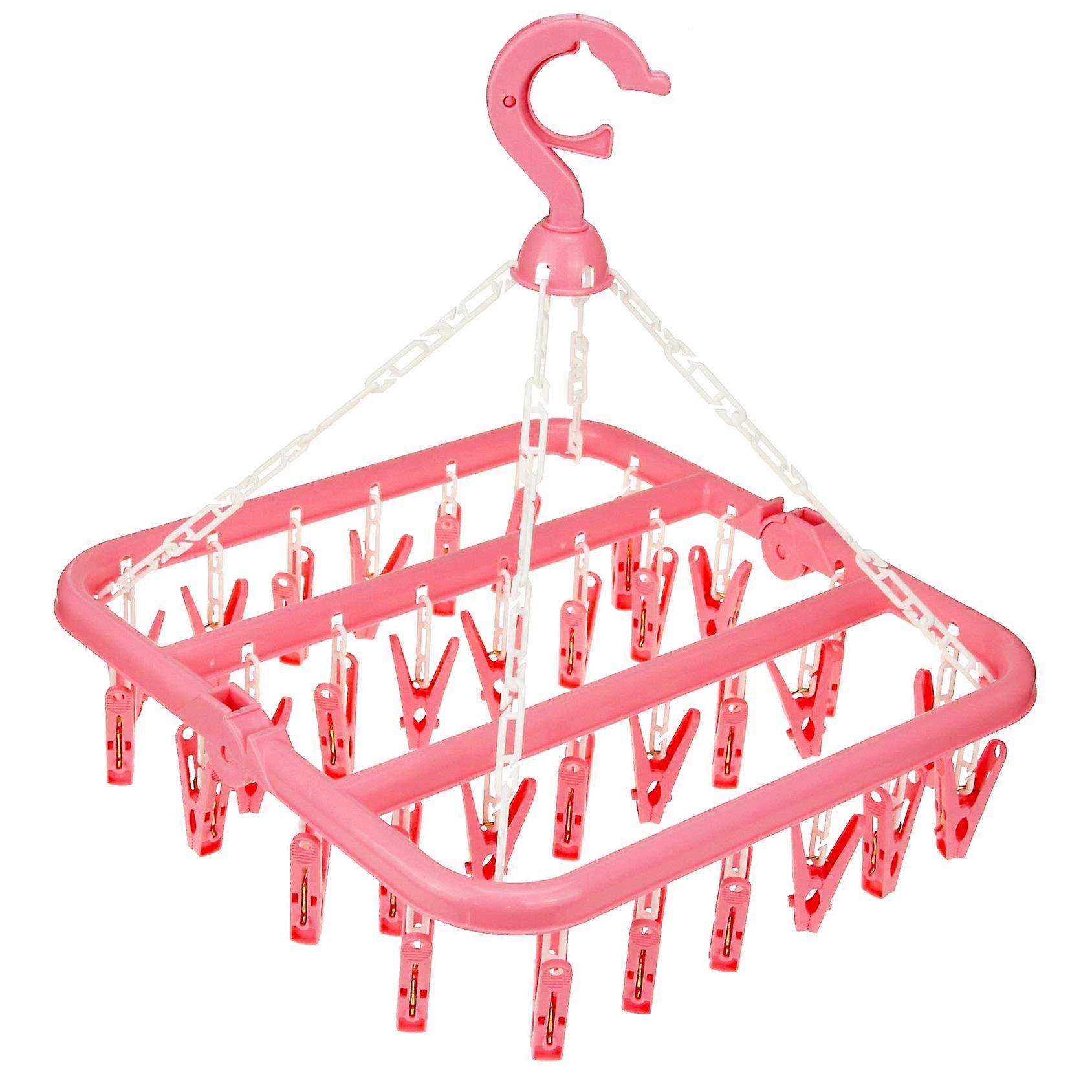 32 Clip Clothes Drying Strap for Laundry - Pink Sock Clips, Adjustable Fabric Clothes Hanger, Durable and Space-Saving
