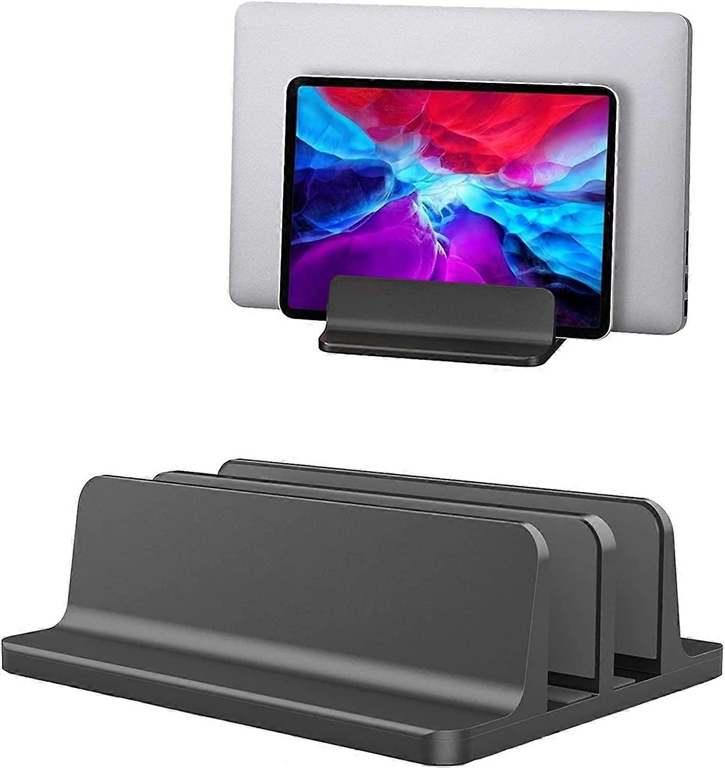 Double Slot Vertical Laptop Tablet Stand Mount Space-Saving MacBook Chromebook Tablet Smartphone Compatibility Black
