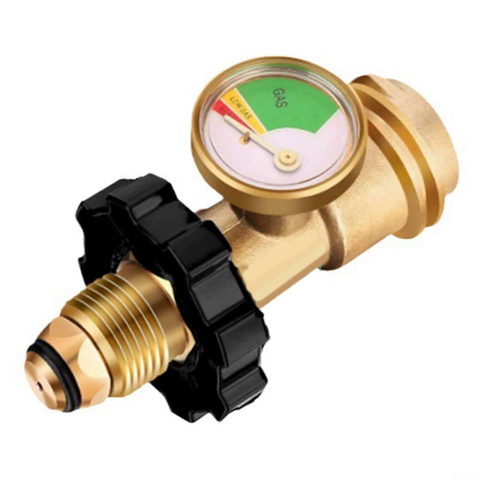 Propane tank adapter for POL to Type 1 connection with pressure gauge for gas grills, heaters, stoves, and fireplaces