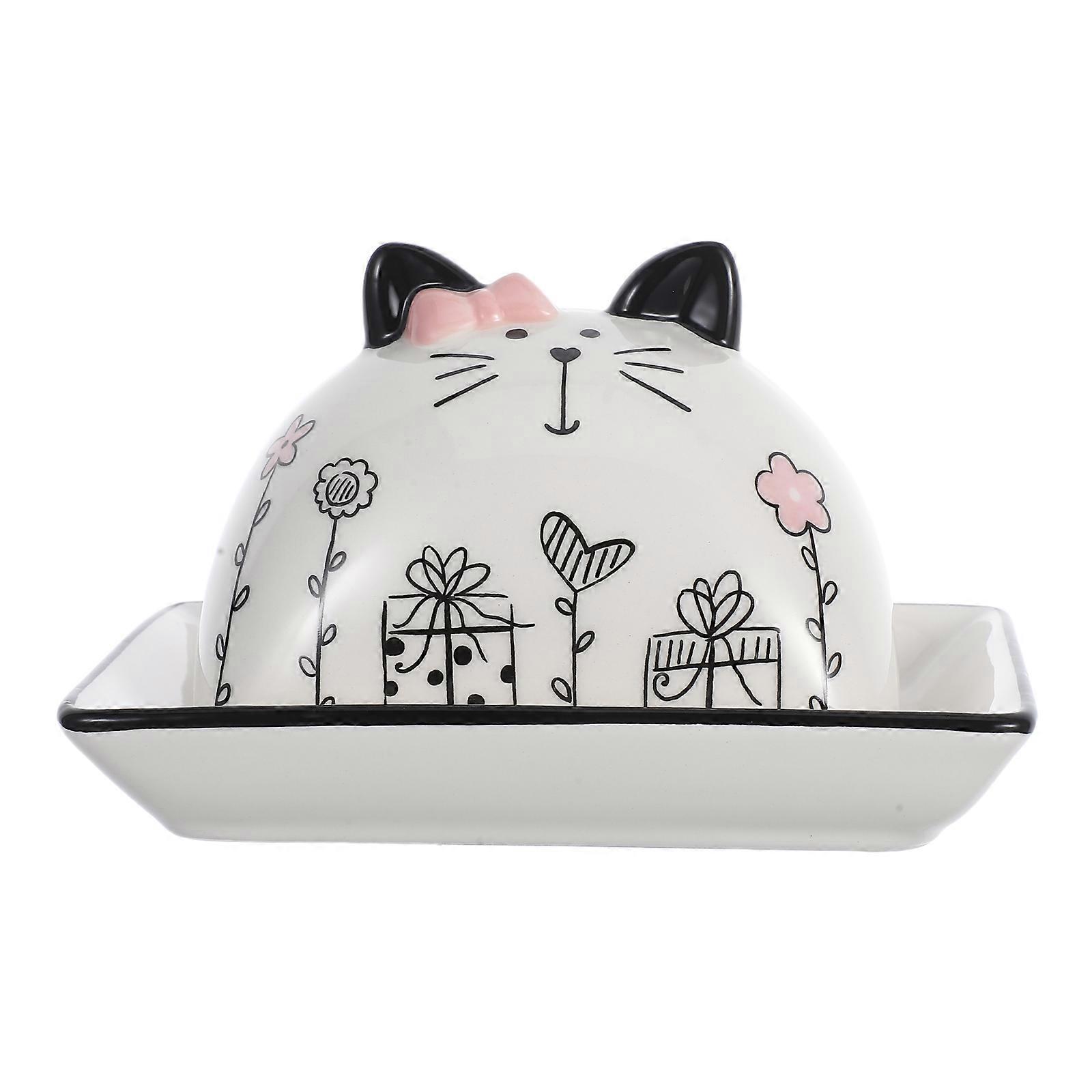 Ceramic Butter Dish with Lid – Cute Cat Design, Countertop & Refrigerator Use, Freshness Preserving Kitchen Storage Container for Butter & Cheese