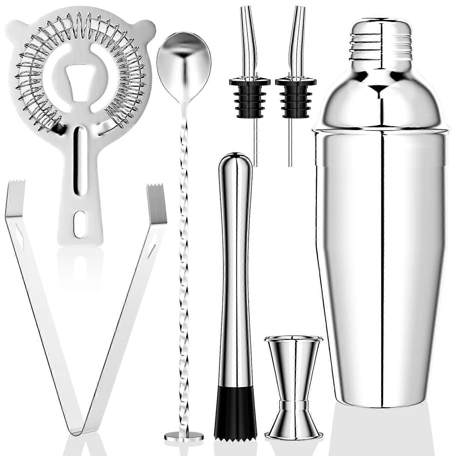 750 ml Cocktail Set Stainless Steel Shaker Mixer 8 Pieces Professional Bartender Accessories for Home Bar Party Silver