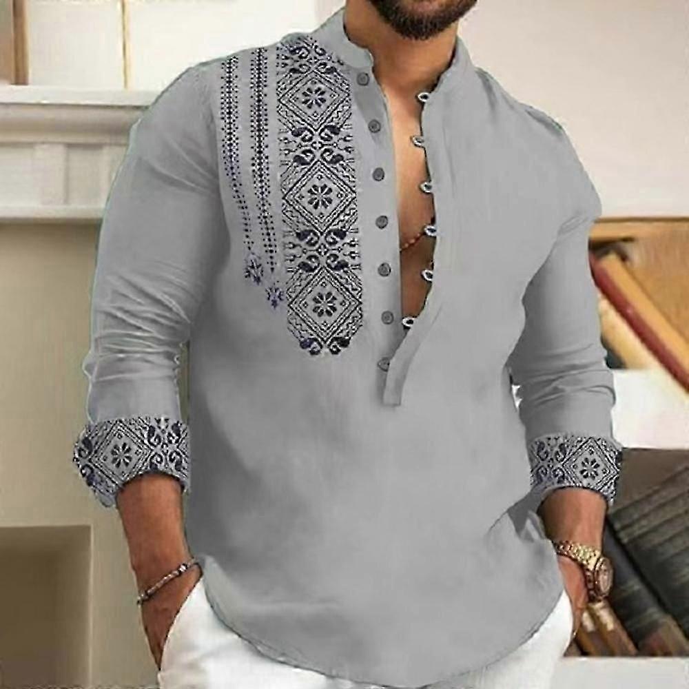 Spring and Autumn Fashion Casual Men Long Sleeve Button-Down Printed Shirt Blouse Loose Henry Neck Beach Tops for Male