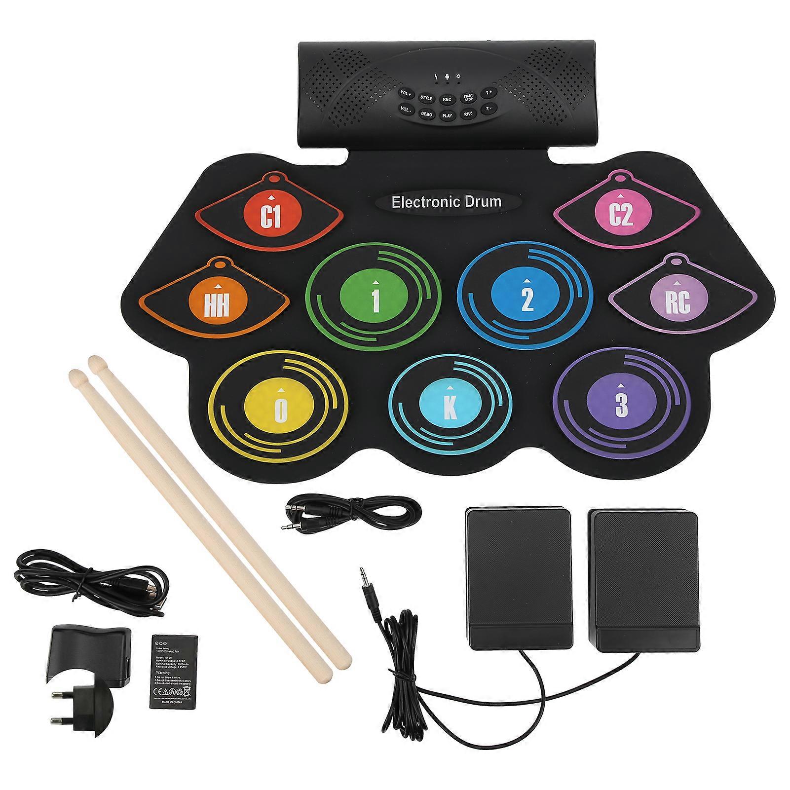 Foldable Electronic Drum Set Silica Gel ABS Colorful 2 Loudspeakers for BeginnersEU Plug 100‑240V