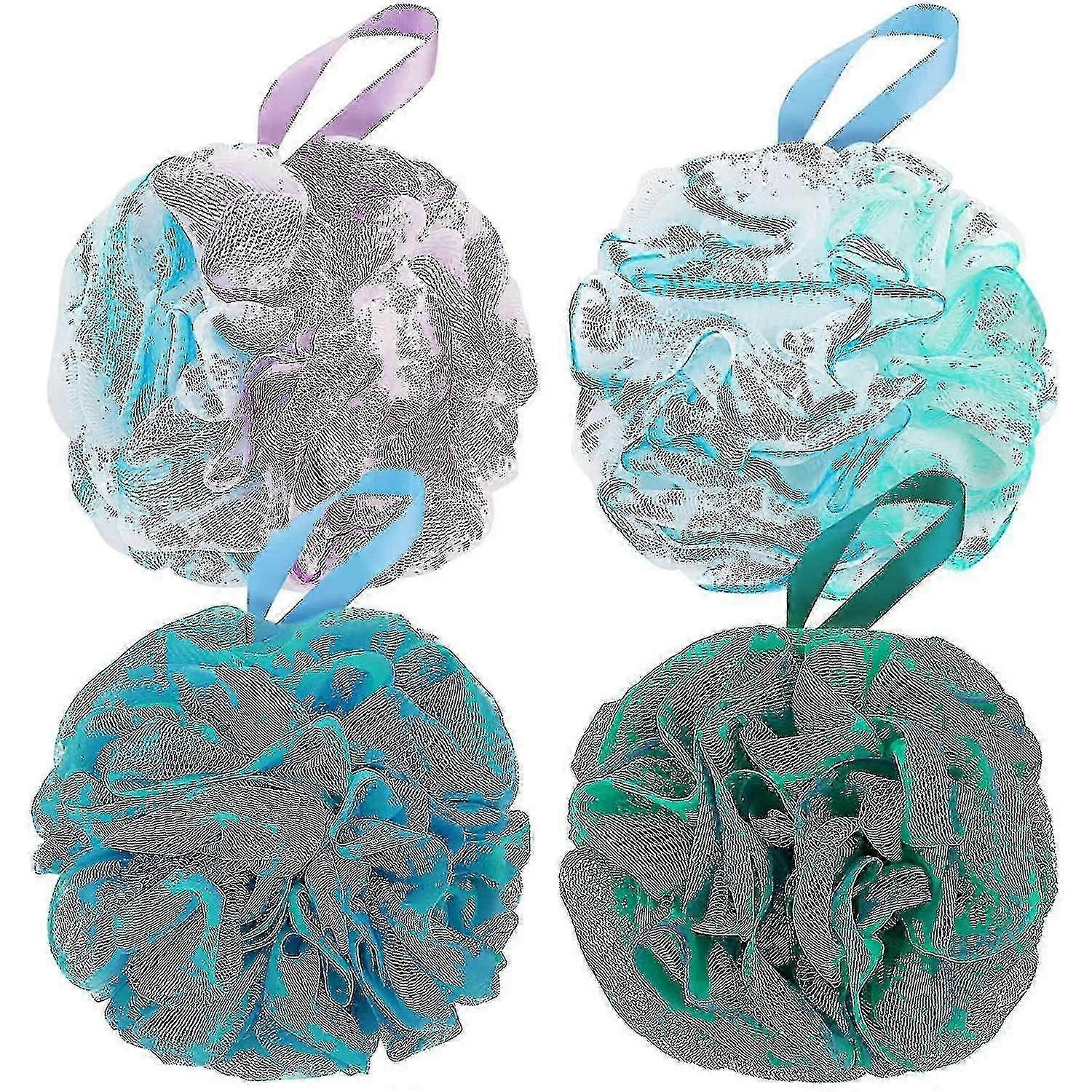 Durable Exfoliating Bath Loofah Sponge Set - 4 Colorful Shower Poufs for Family