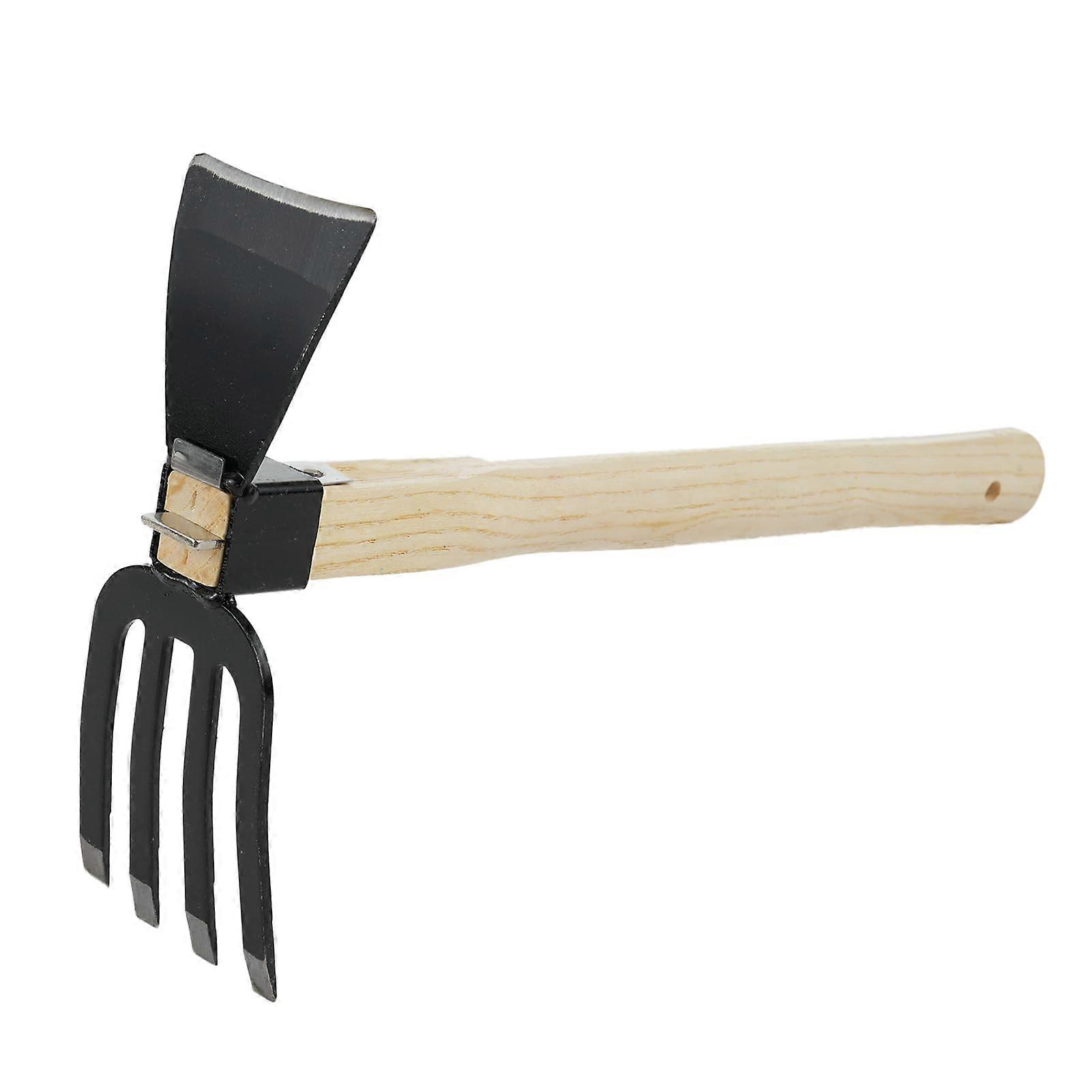 Dual purpose hoe with short wooden handle, 2in1 rake and hoe, Wood Colour and Black Type C.
