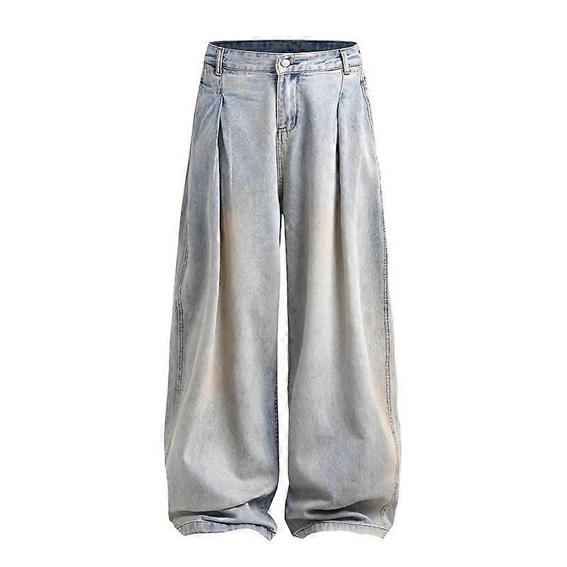 Womens Jeans, Loose Straight, Pleated, Washed, Slouchy, Couple Style, Floor-Length, Unique Design