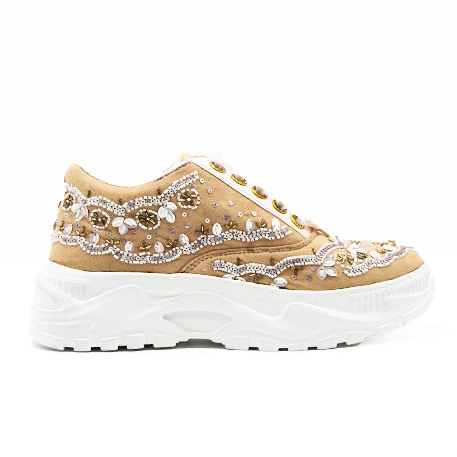 Ava luxury pale sand suede handmade embellished trainers