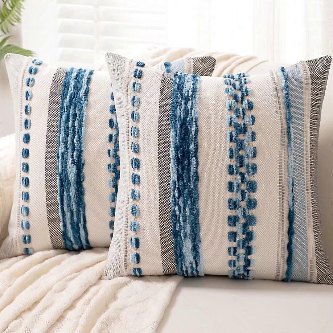 Set of 2 Bohemian Cushion Covers 45 x 45 cm, Farmhouse Pattern, Striped Pattern, Square, Chenille, Sky Blue