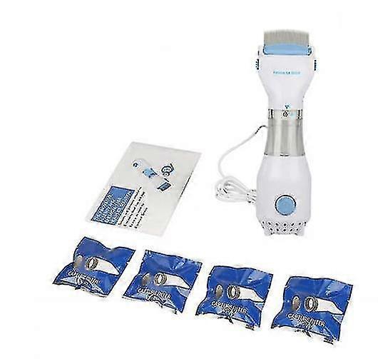 A pet flea comb and electric lice comb with 4 filters to remove lice, ticks, and fleas from cats, dogs, and humans.