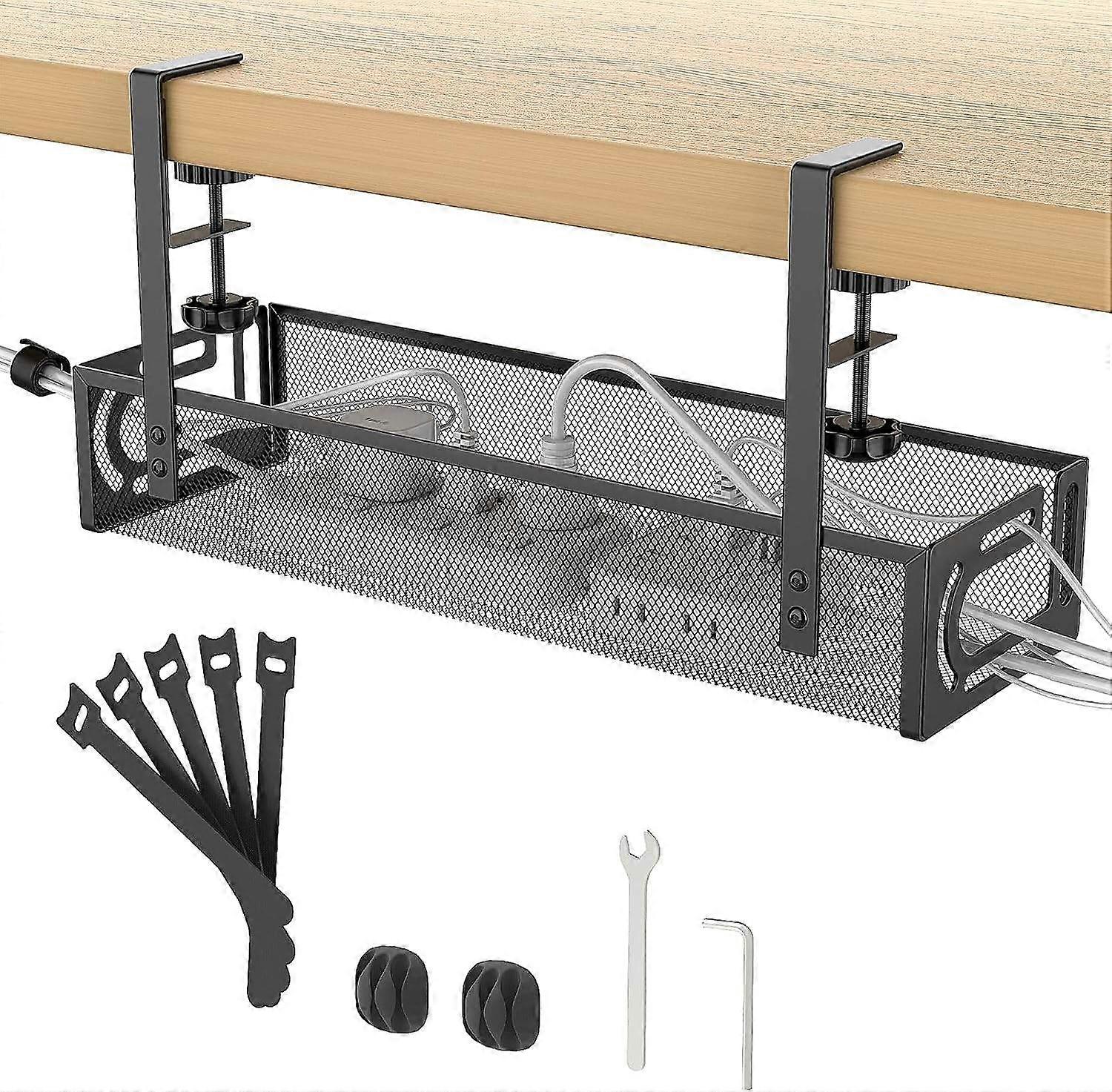 Under Desk Cable Management Tray No Drill, Metal Mesh Cable Tray With Clamp For Desk Wire Management
