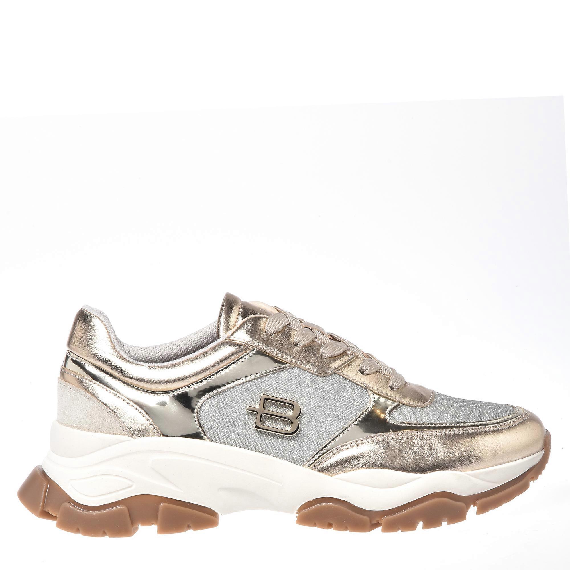 Baldinini - Light Gold Laminated Leather And Silver Glitter Fabric Trainers
