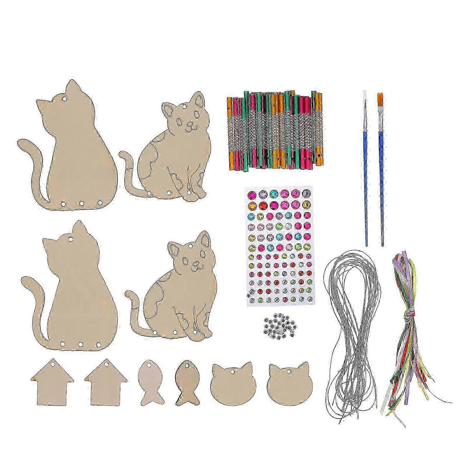 Wooden Wind Chime Diy Adorable Cat Design Versatile Decoration Skill Development 1Set