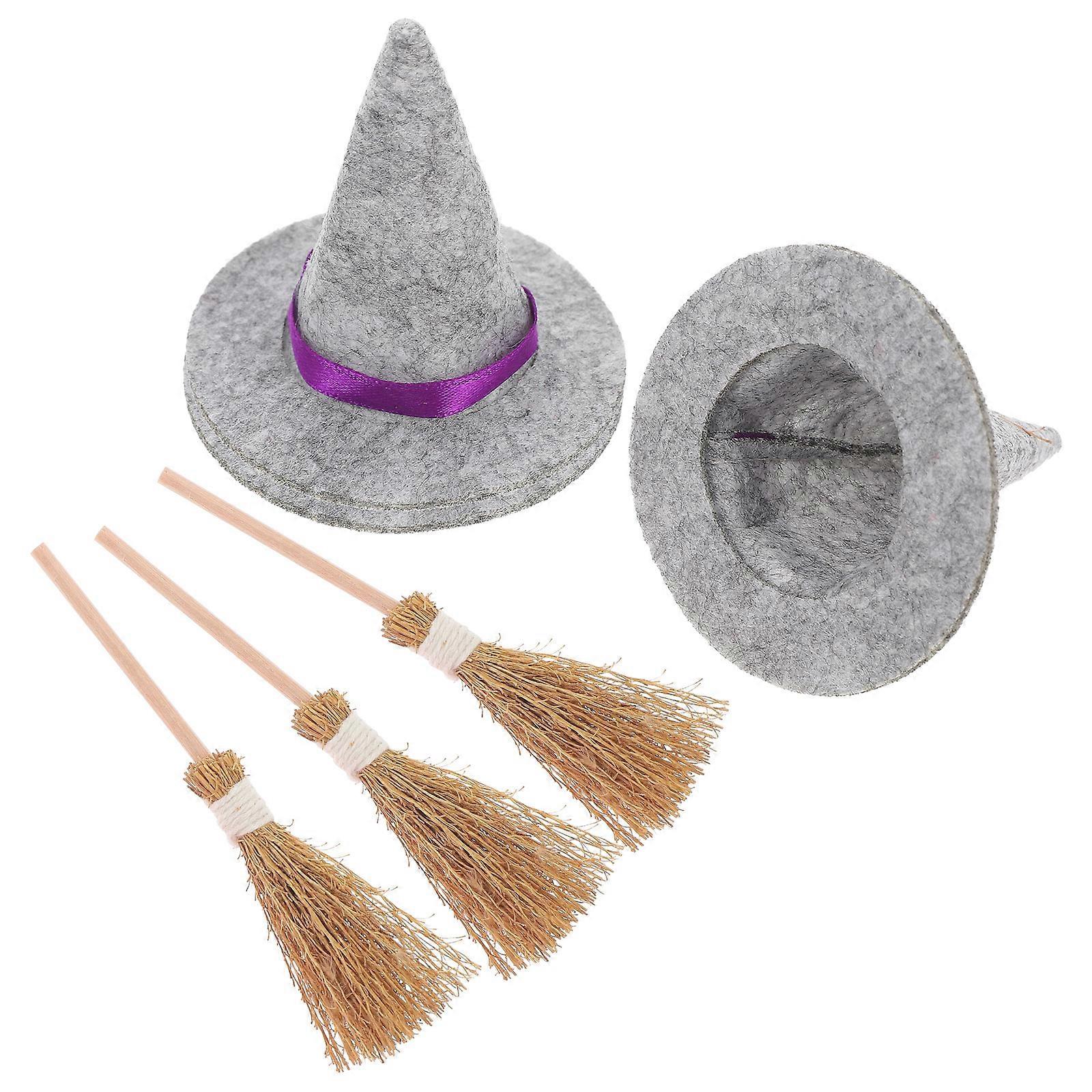 Grey Broom Hat Set for Witch Decor Halloween 15Sets