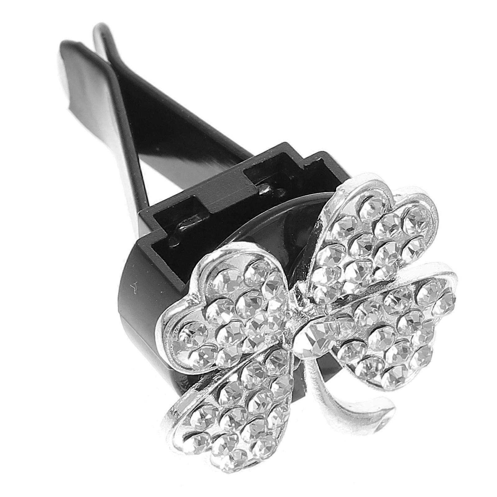 Air Freshener For Car Air Vent Clip Aromatherapy Clip Cloverleaf Shape Silver Made Of Metal And Crystal 1Set
