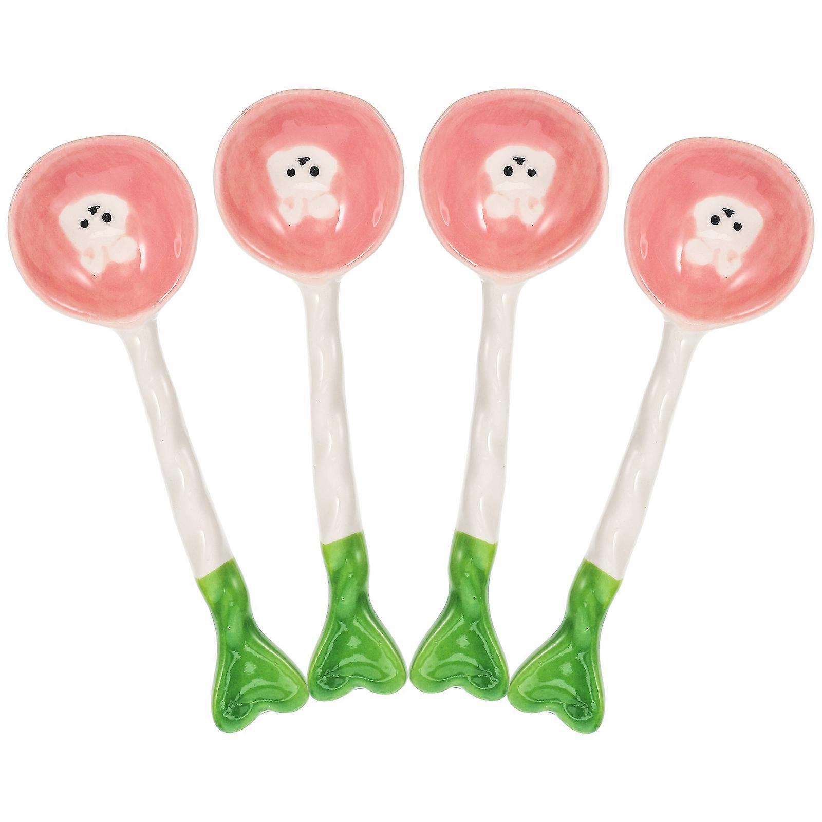 Rabbit Pattern Spoon 16 Pcs Hand Painted Ceramic Kitchen Dining Long Handle Multi Color Serving Rice