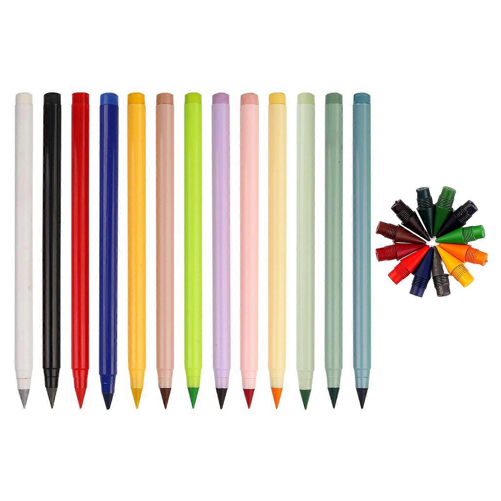 Jikaixiang 12-Color Eternal Pencils Erasable Refillable Colored Pencils for Kids No-Sharpening Writing & Drawing Set with Spare Leads