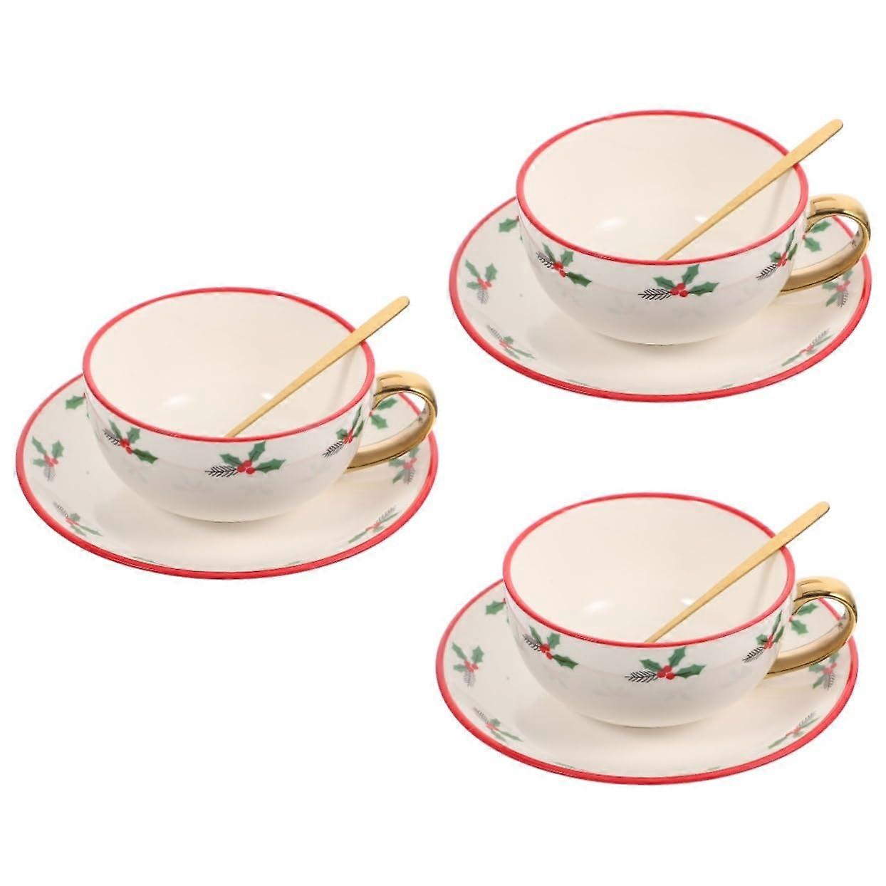 Ceramic Tea Cups and Saucers Set of 3 with Christmas Design for Home Party Drinks