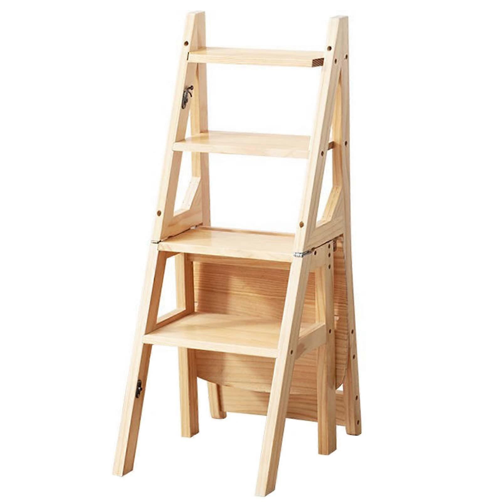 4 Step Folding Step Stool Solid Pine Wood Portable Foldable Stool Natural Color