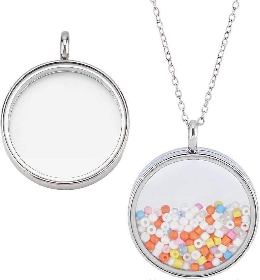 2 Pcs Floating Locket Charms Stainless Steel Flat Round Locket Pendants with Clear Glass Photo Frame Charms Memory Locket Picture Pendants for DIY Nec