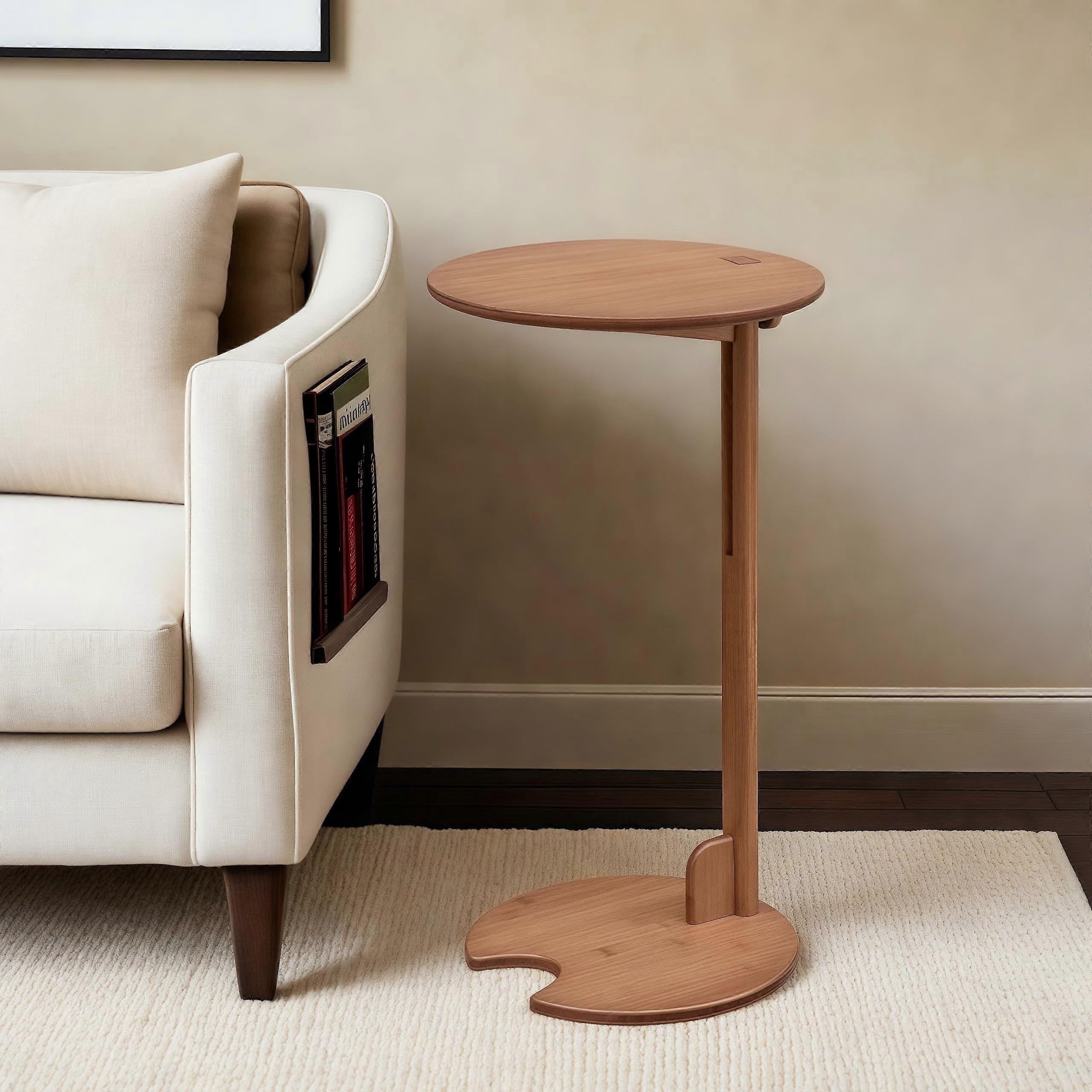 Adjustable Side Table with C Shaped Design, DualTier Storage, Bamboo Round Pedestal for Sofa and Bed