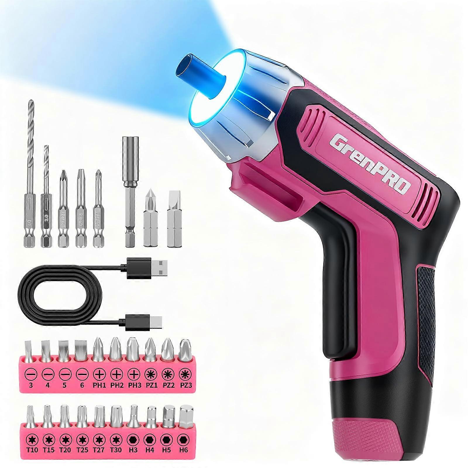 Cordless Electric Screwdriver Set 4V Pink USB Rechargeable with Bits Powerful 5NM Torque