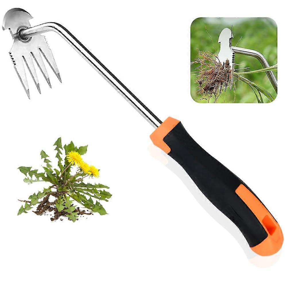 Weed Puller Tool Stainless Steel Garden Weeder with Ergonomic Rubber Grip and Four Sharp Teeth