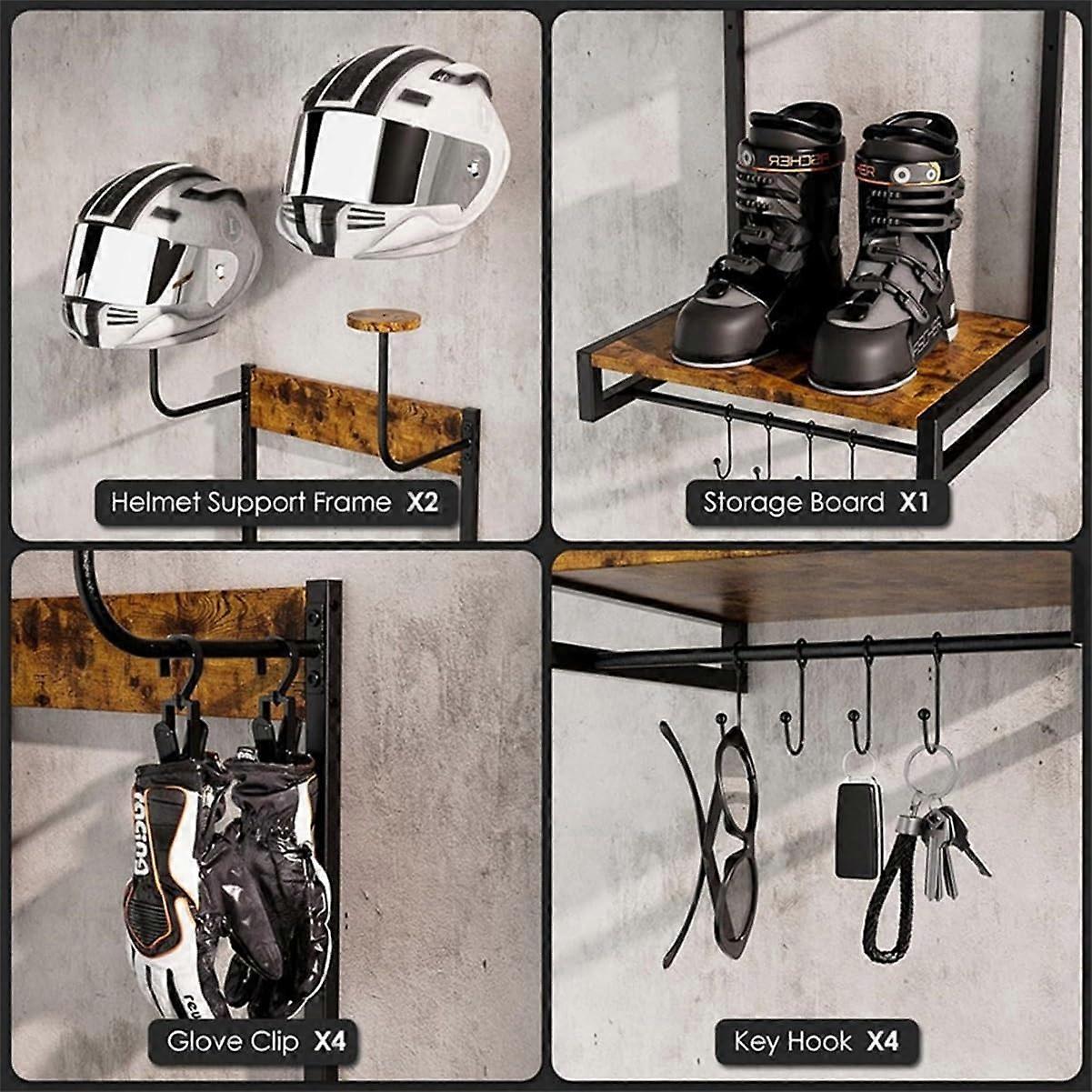 Image showcasing Motorcycle Gear Storage Rack with Metal Frame and Wood Shelf, Wall ...
