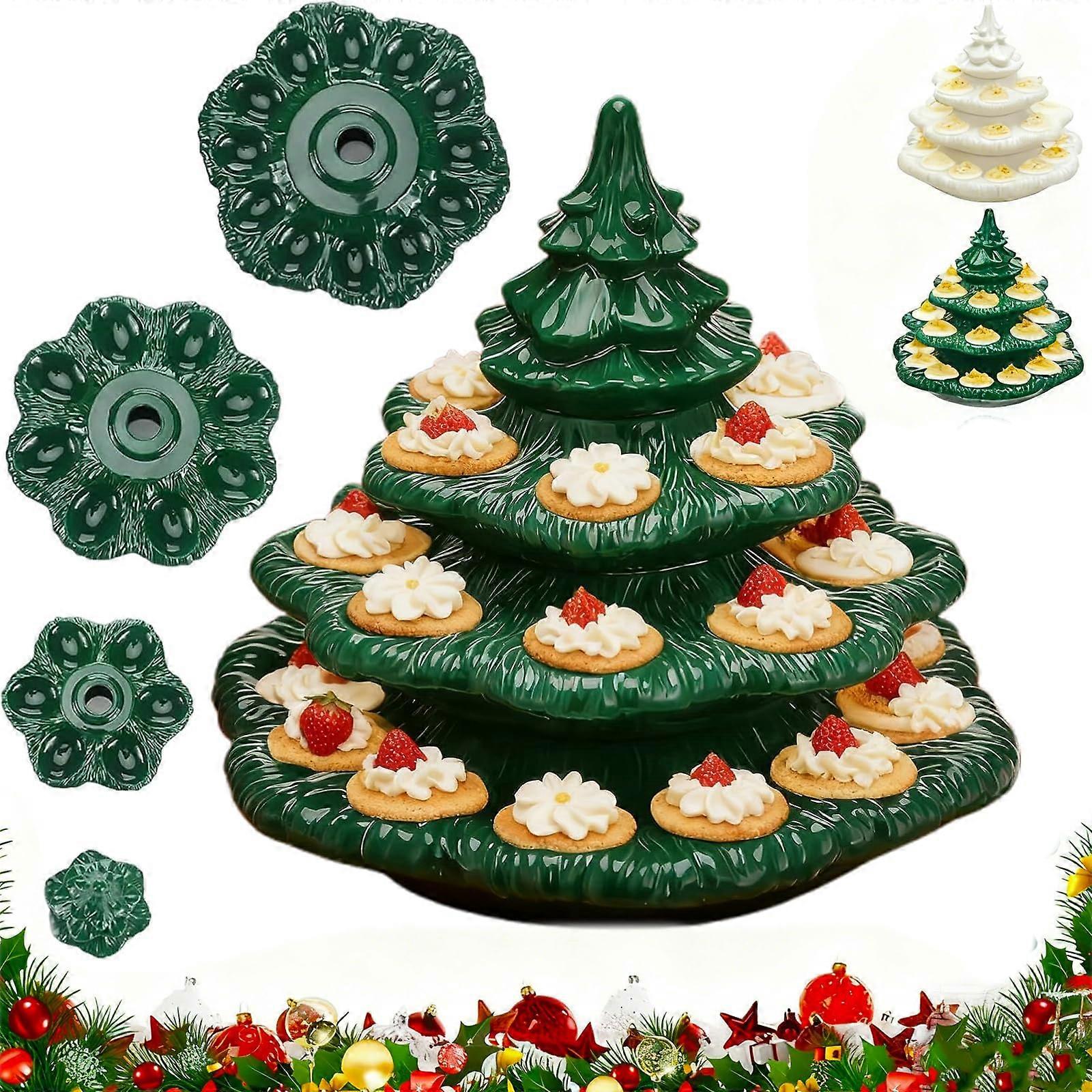 Christmas Tree Deviled Egg Tray Ceramic Holiday Platter with Secure Egg Holders Reusable Green