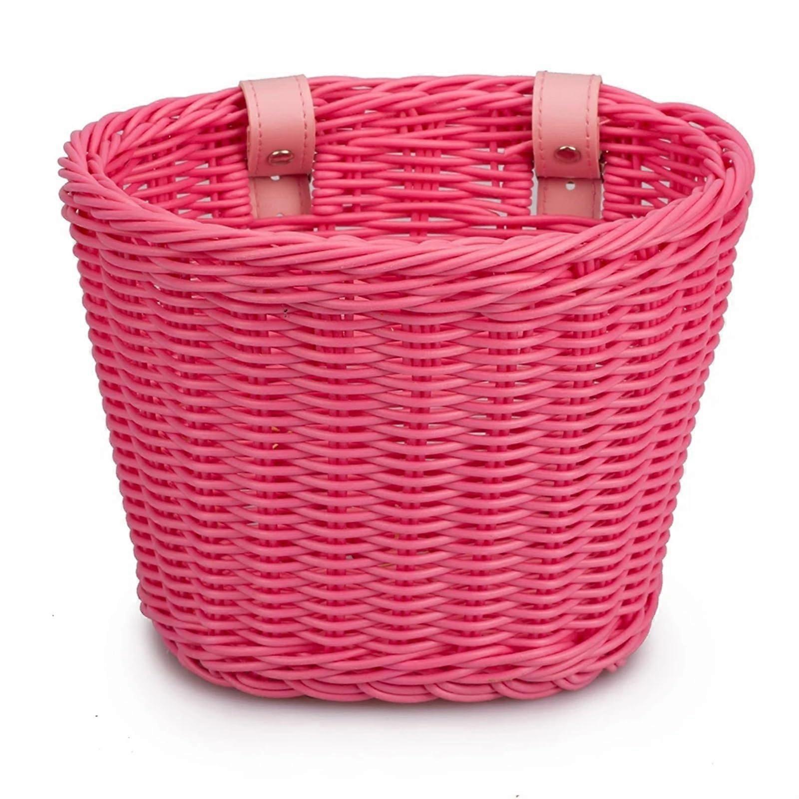Bicycle Basket Front Handlebar Wicker Rattan Waterproof Removable Design Spacious Storage Pink