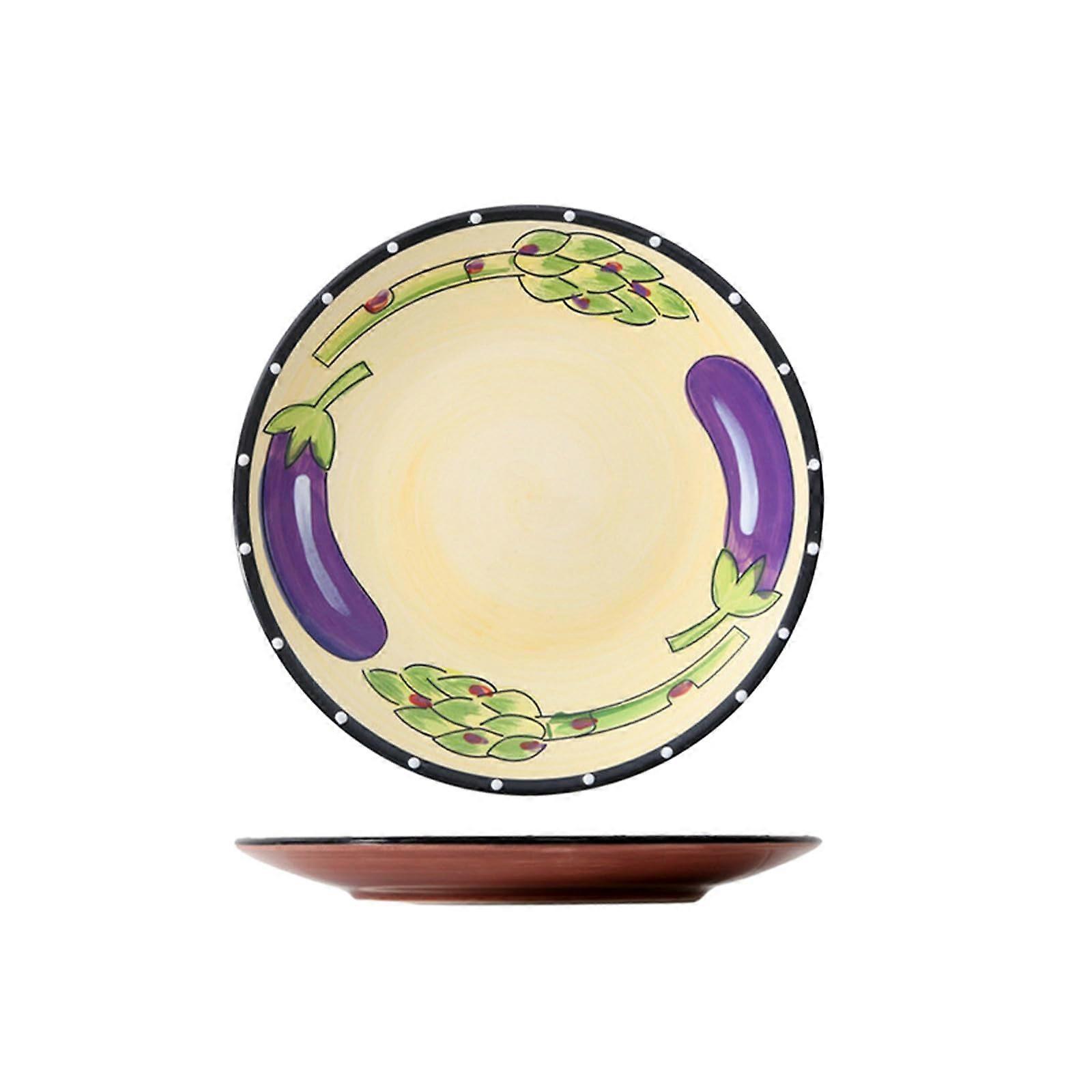 Ceramic Dinner Plate HandPainted Yellow Eggplant Design, Microwave Dishwasher Safe, Scratch Resistant