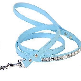 Dog Walking Leash PU for Pet Walking 2Pcs Rhinestone Studded Blue Leashes