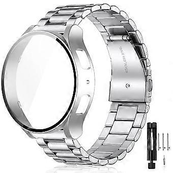 Compatible For Samsung Galaxy Watch7 44mm 3-Bead Stainless Steel Band + Full Cover PC Watch Case with Removal Tool