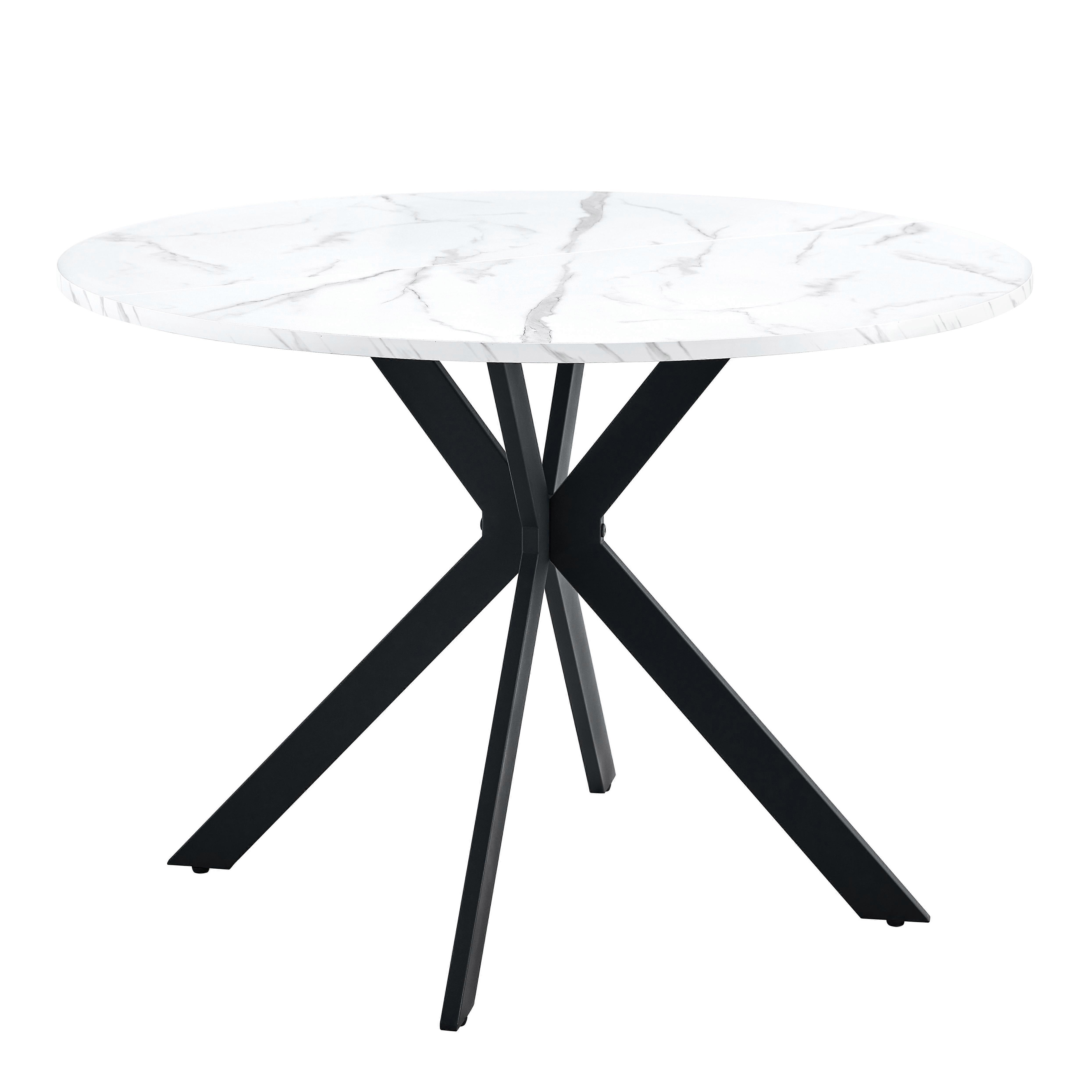 Round Dining Table 110cm, Marble Effect MDF Kitchen Table With Black X-Shape Legs