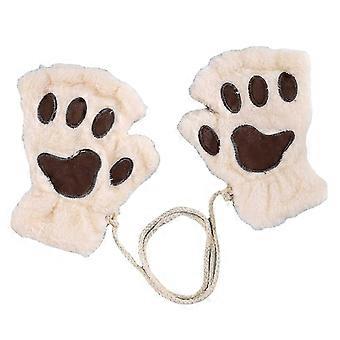 Women Bear Plush Cat Paw Claw Glove Soft Winter Gloves Fingerless Gloves (Beige)-Good