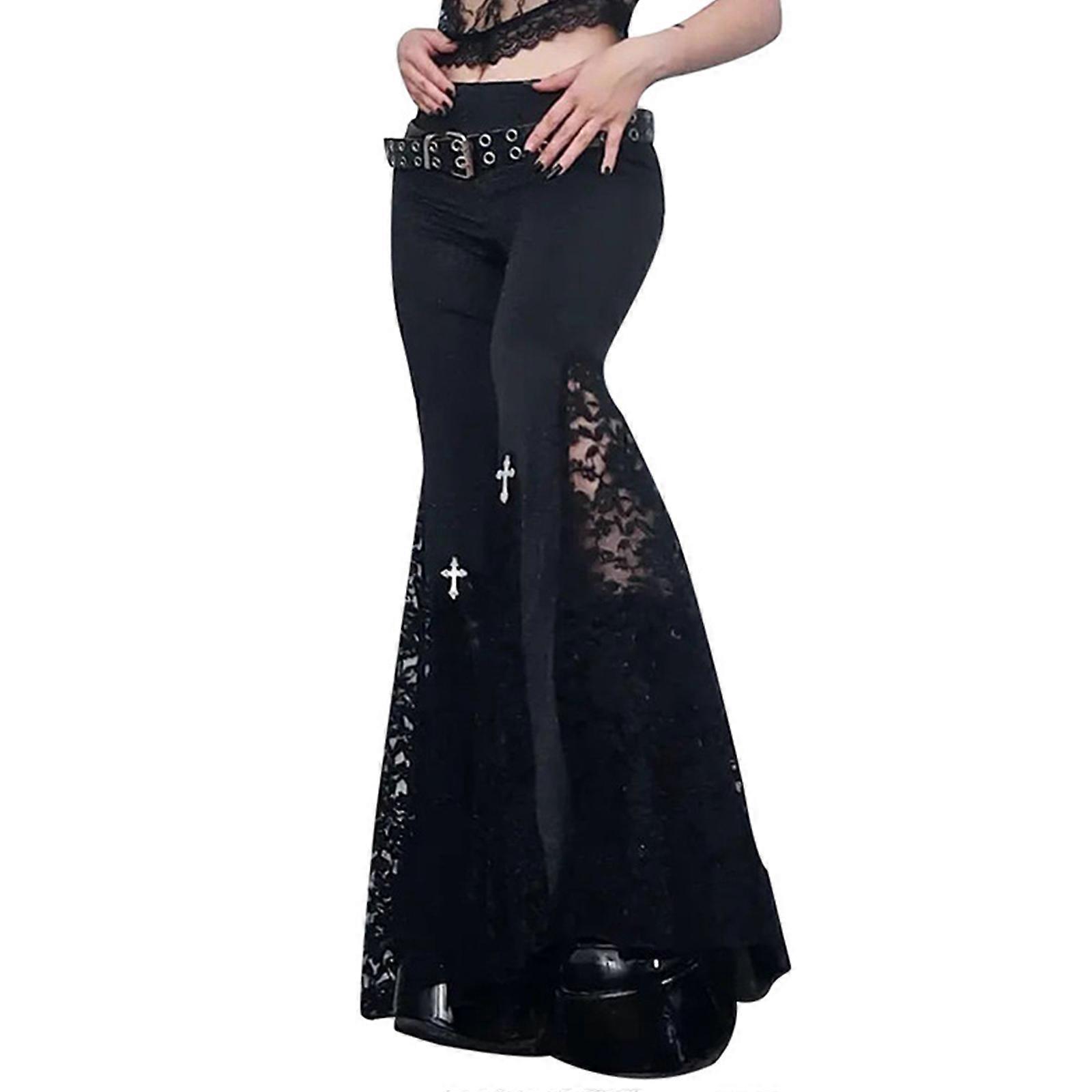 Solid Lace Patchwork Flared Bottom Trousers Gothic Black Flared Pants Breathable Stretch Flared Bottom Punk Style Pants  S