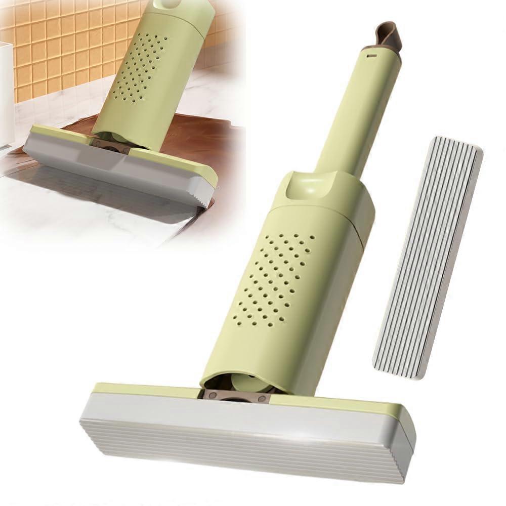Foldable SelfWringing Mini Mop with Replaceable Sponge Head, Absorbent Compact Cleaner for Kitchen Bathroom Car (Green)