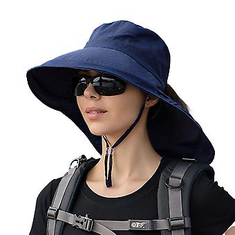 Chapéu de sol feminino com aba larga, aba larga, proteção UV, chapéu tipo balde com furo para rabo de cavalo e tira de queixo para montanhismo ao ar livre no verão, ciclismo