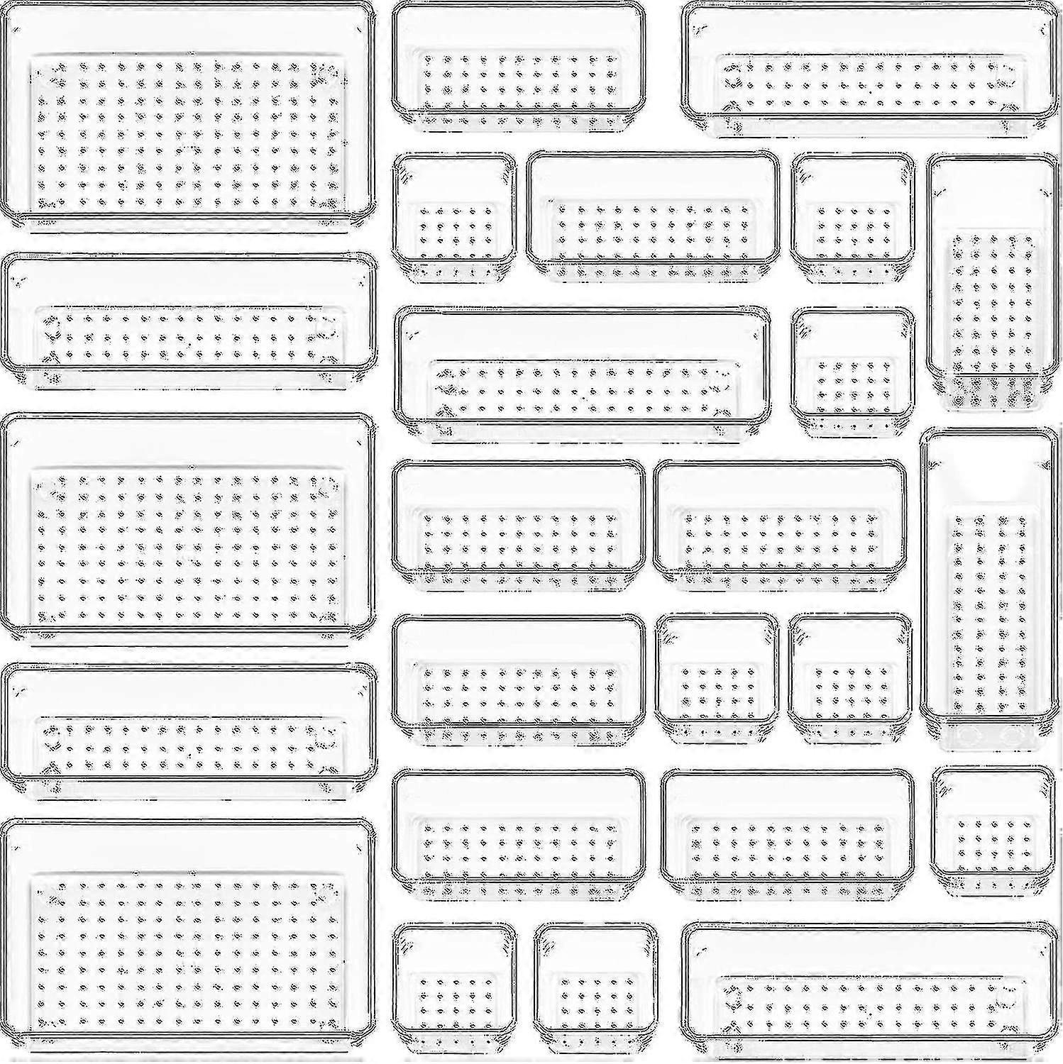 25個の透明なプラスチック引き出しオーガナイザーセット、4サイズの用途の広いバスルームとバニティ引き出しオーガナイザートレイ