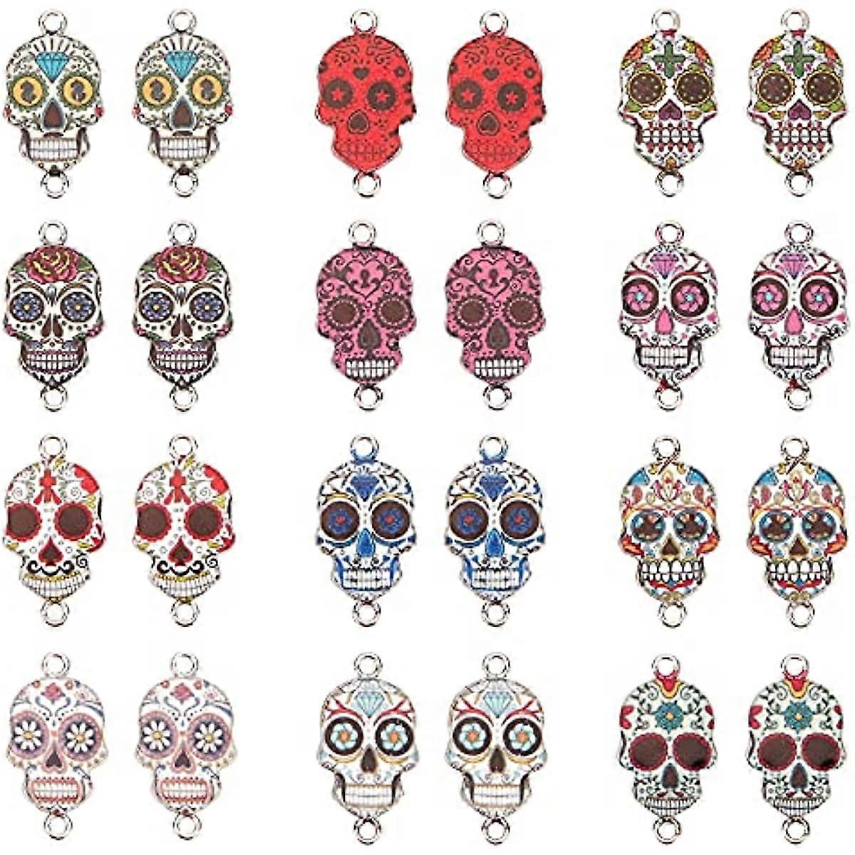 48pcs Skull Pendants Links Halloween Enamel Skeleton Pendants Tag Connectors Skull Dangle Charms with Double Loop for Jewelry Making Crafting