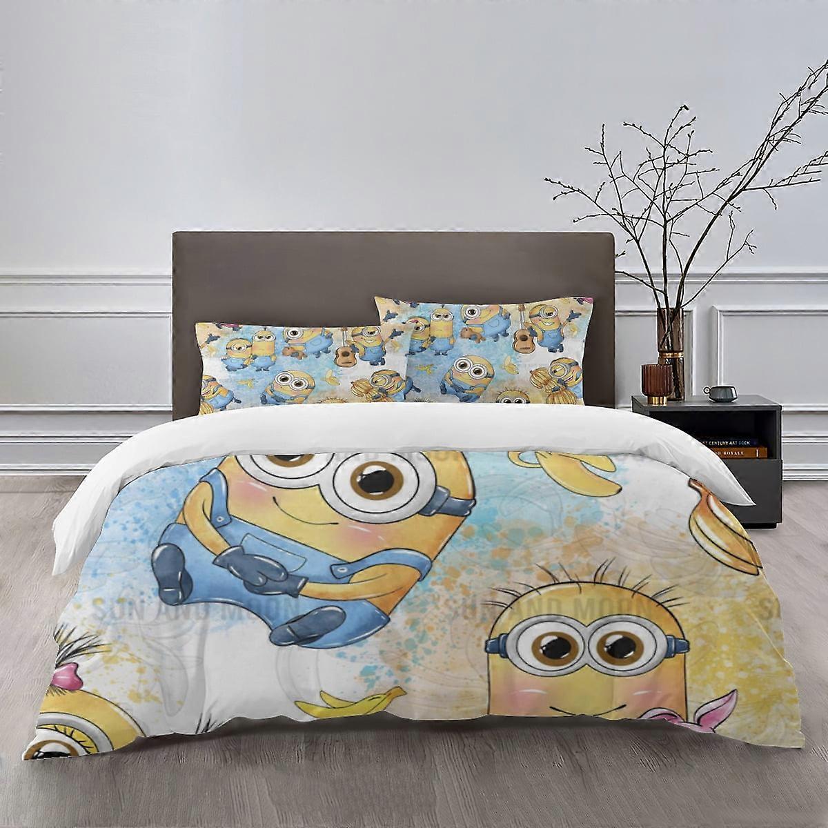 Lakan g1295 Minions Sängkläder Sets Säng tecknad påslakan Lätta 3-delade insatsset för barn pojkar flickor (1 påslakan och 2 örngott) tq129