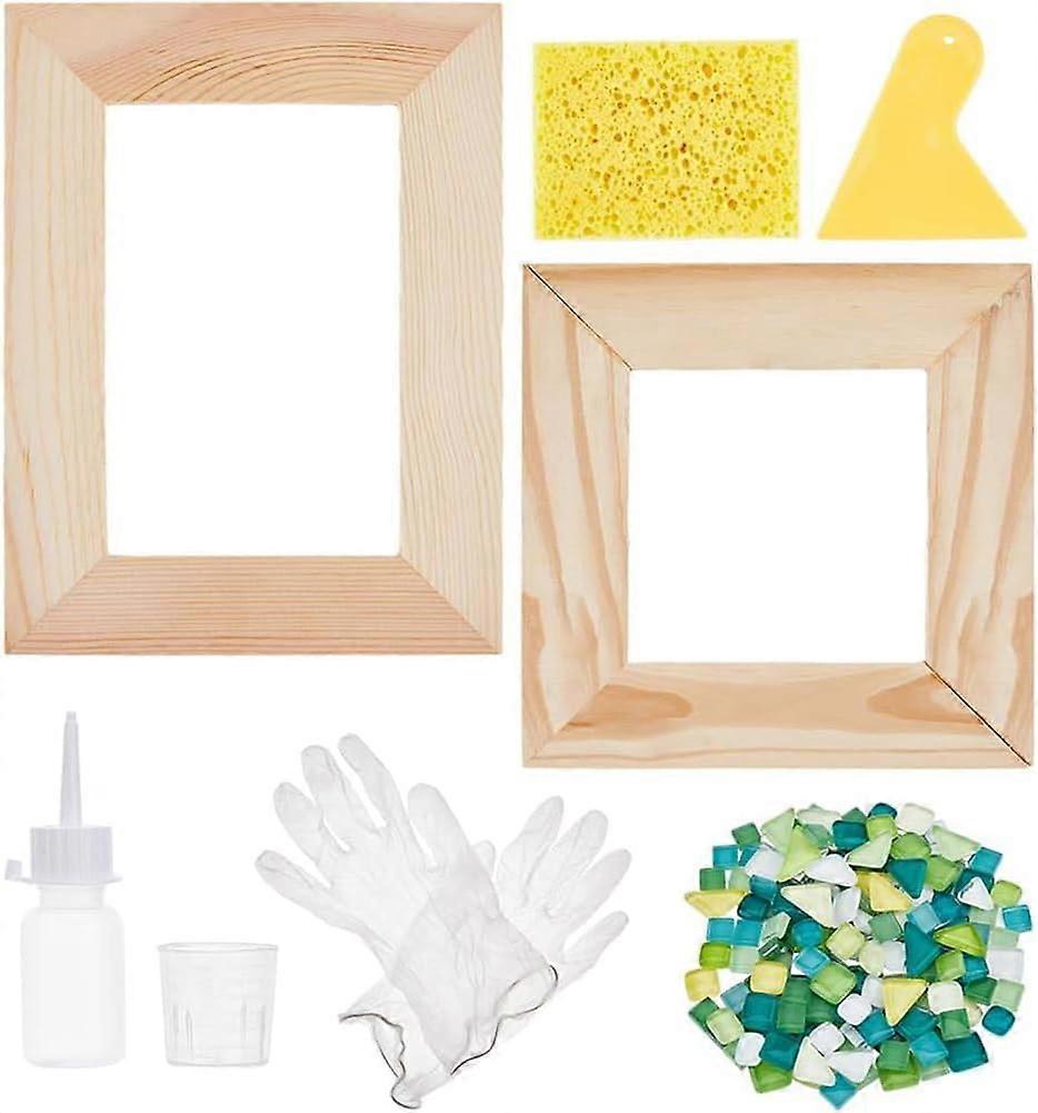 DIY Mosaic Photo Frame Kit Including 2 Sizes Unfinished Wood Photo Frame 200g Glass Mosaic Tiles Cups Plastic Glue Bottles Scraper Mosaic Supplies Cra