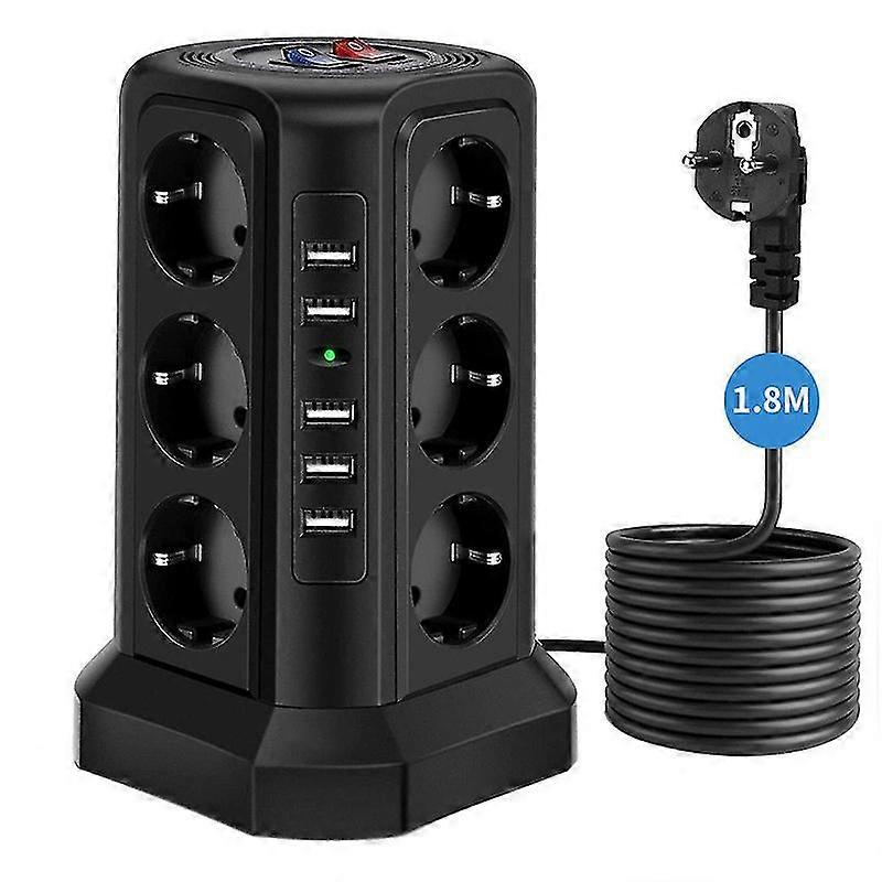 Tower Power Strip, Power Strip With 12 Sockets And 5 Usb Ports (2500w/10a), Lightning Protection Power Strip With 5m Cable And 2 Switches, Overload Pr