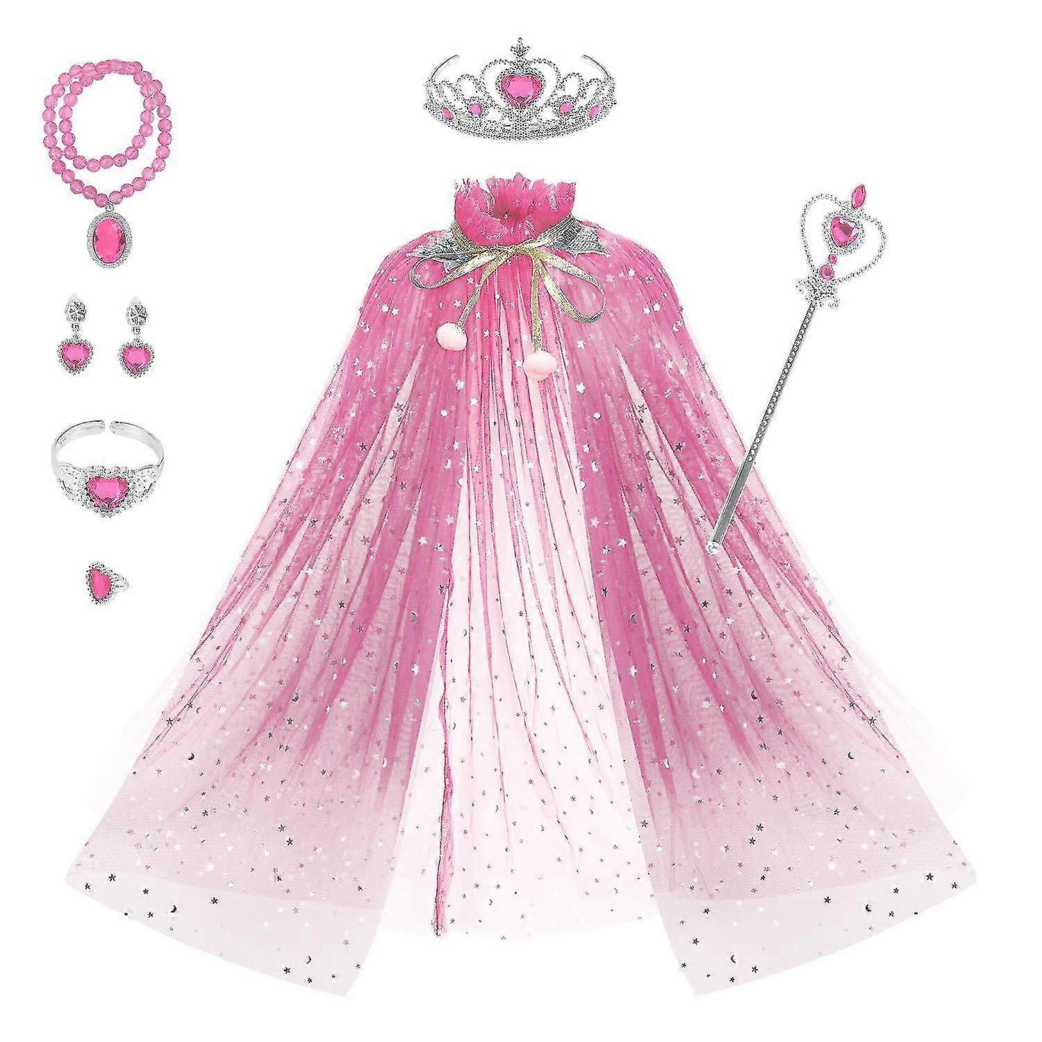7 قطع الأميرة ازياء اللباس للفتيات، الأميرة كيب مجموعة مع تاج، عصا، قلادة، خاتم وأقراط، فستان يتوهم للبنات عيد ميلاد، حزب، هال