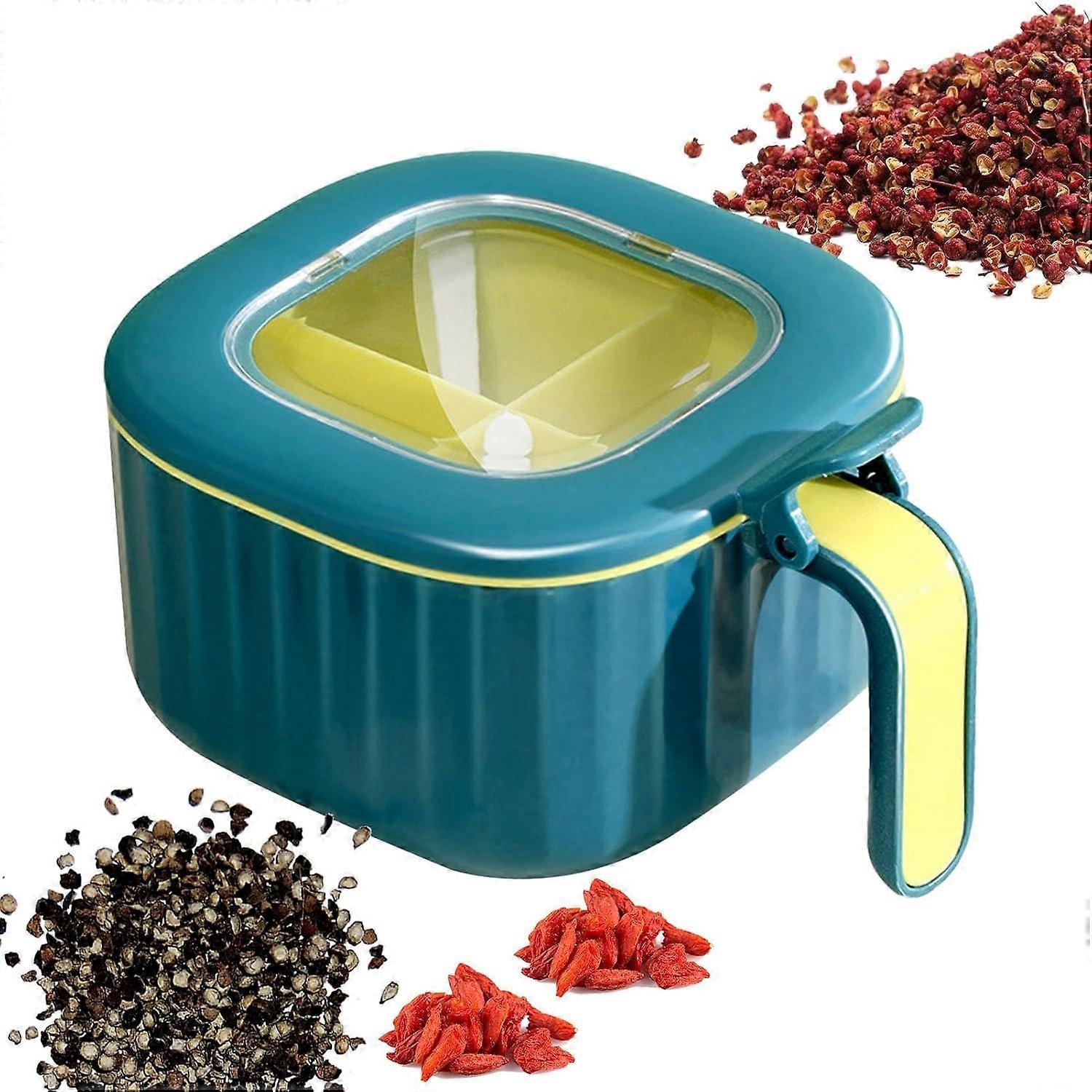 Condiment Tray | 4 Compartment Seasoning Box with Spoons, Large Capacity with Handle, Multi-Function for Seasonings, Pepper, Powder, Sugar, Salt