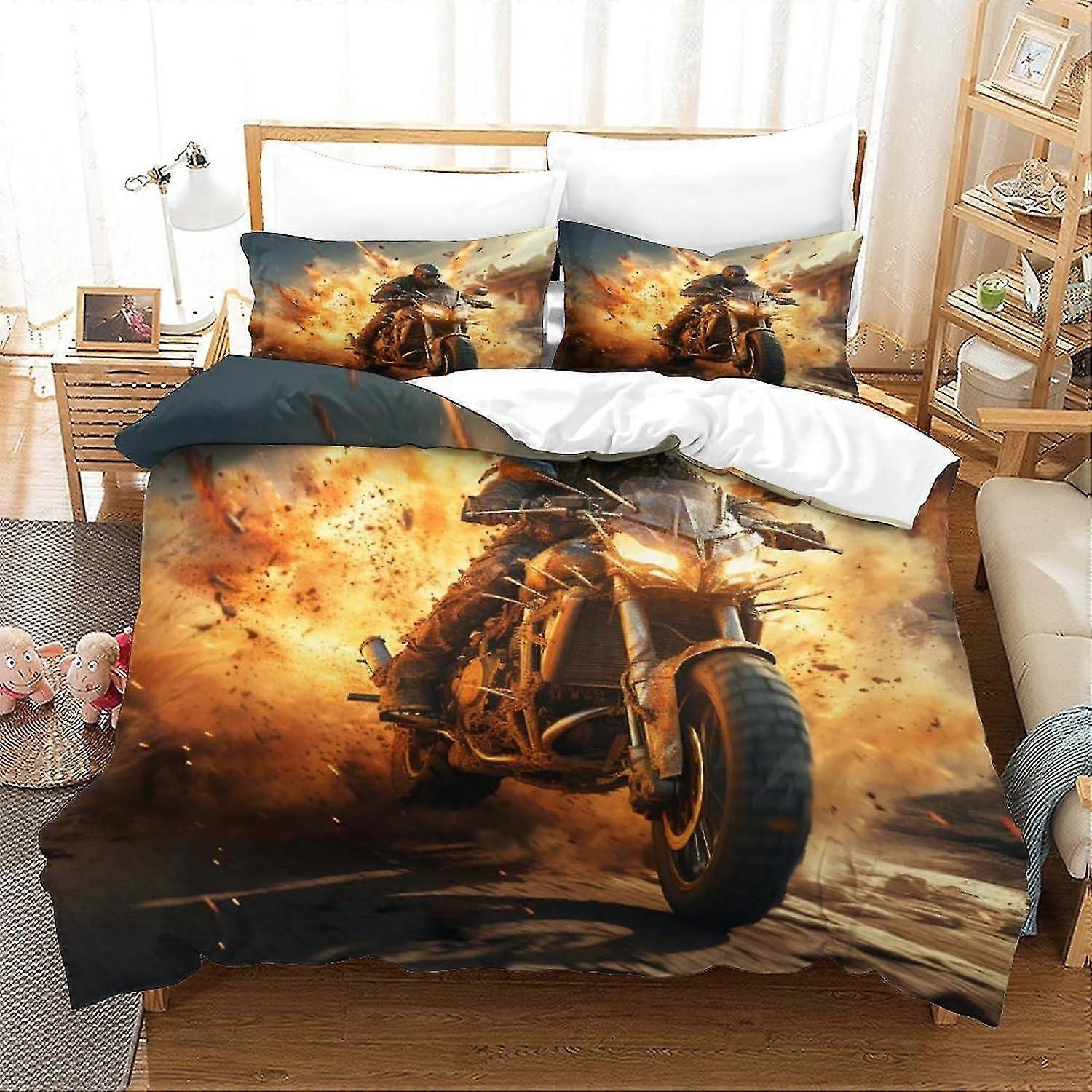 o3146 Bed Sheets 3 Pieces Motorbikes Bedding Set with Pillowcases Exploding Duvet Cover with Zipper Closure Soft Microfiber Quilt Cover Double Size Do